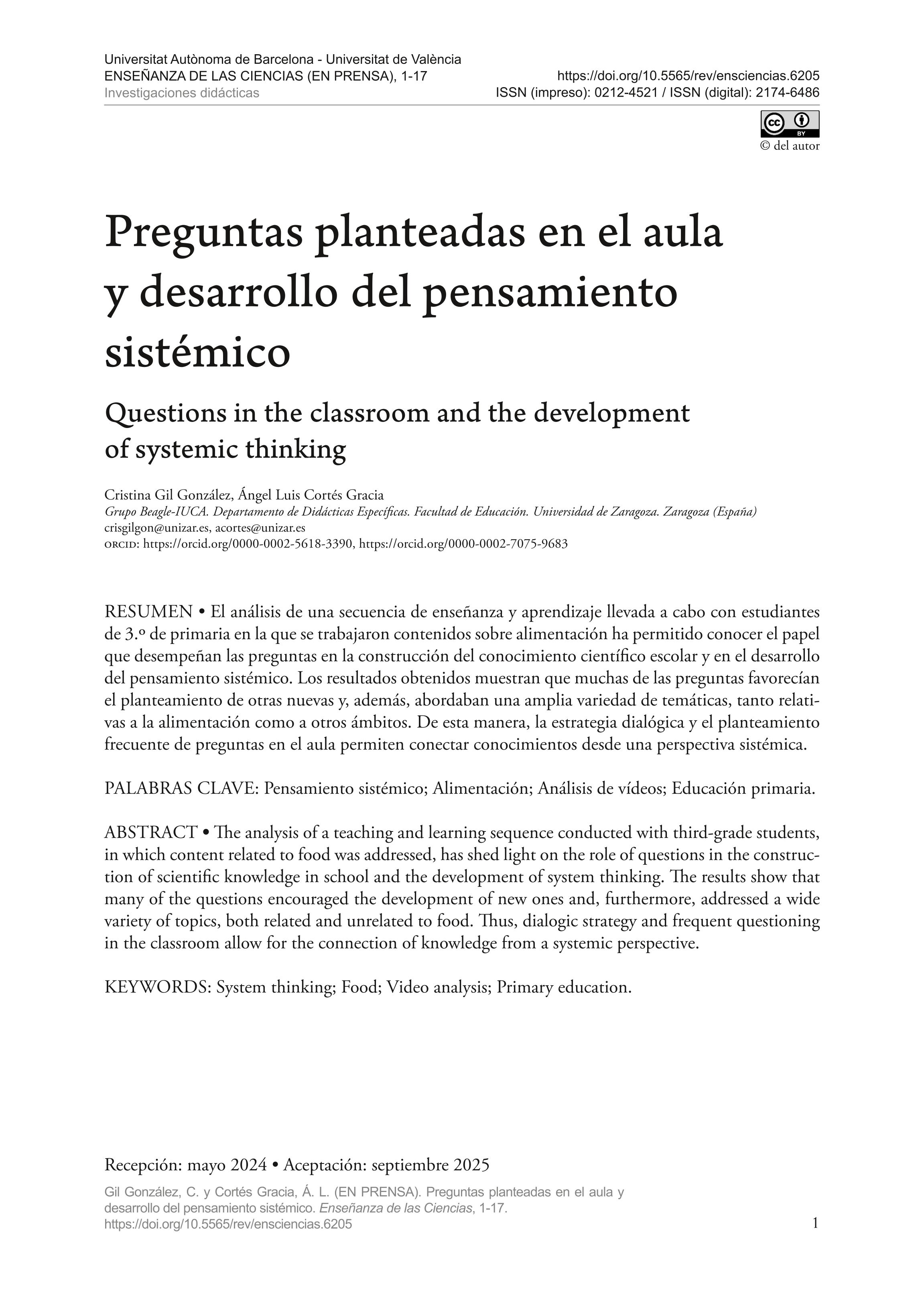 Preguntas planteadas en el aula y desarrollo del pensamiento sistémico