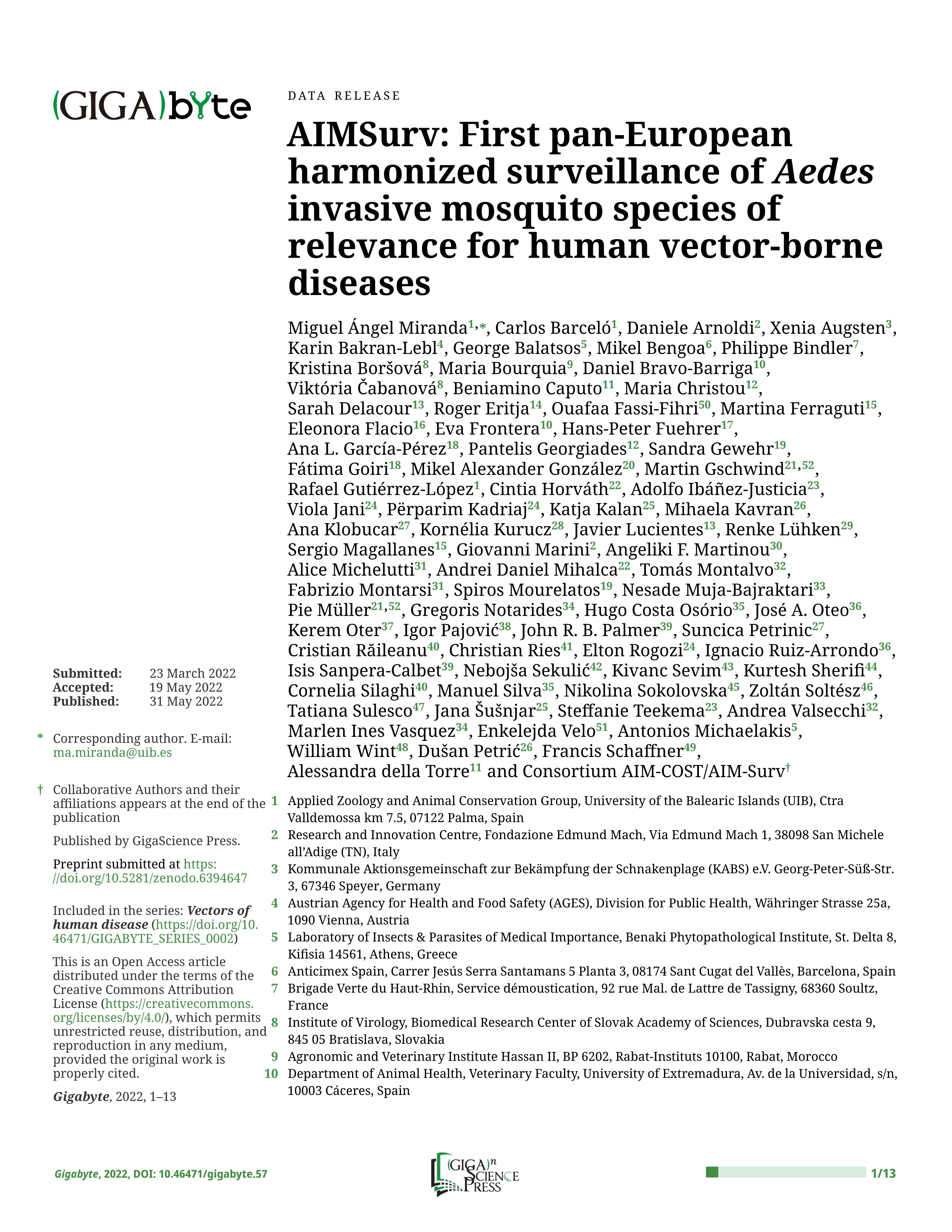 AIMSurv: First pan-European harmonized surveillance of Aedes invasive mosquito species of relevance for human vector-borne diseases