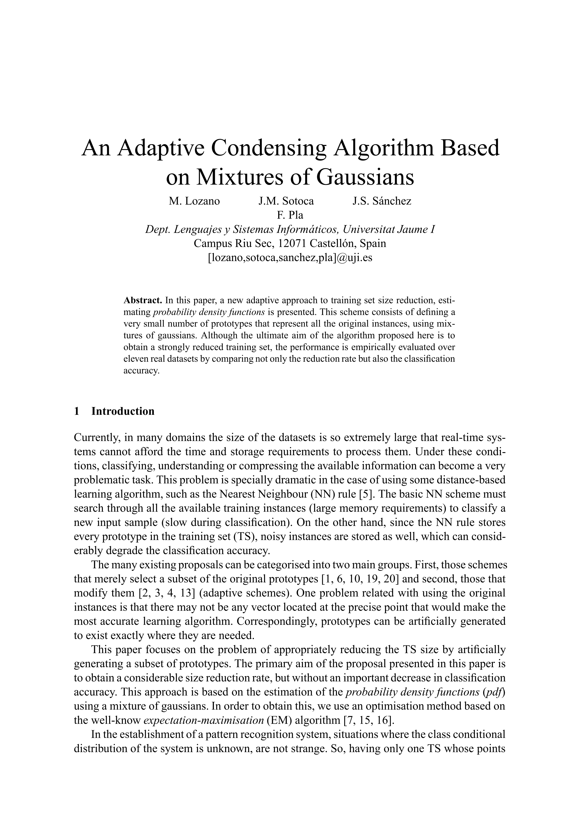 An Adaptive Condensing Algorithm based on Mixtures of Gaussians