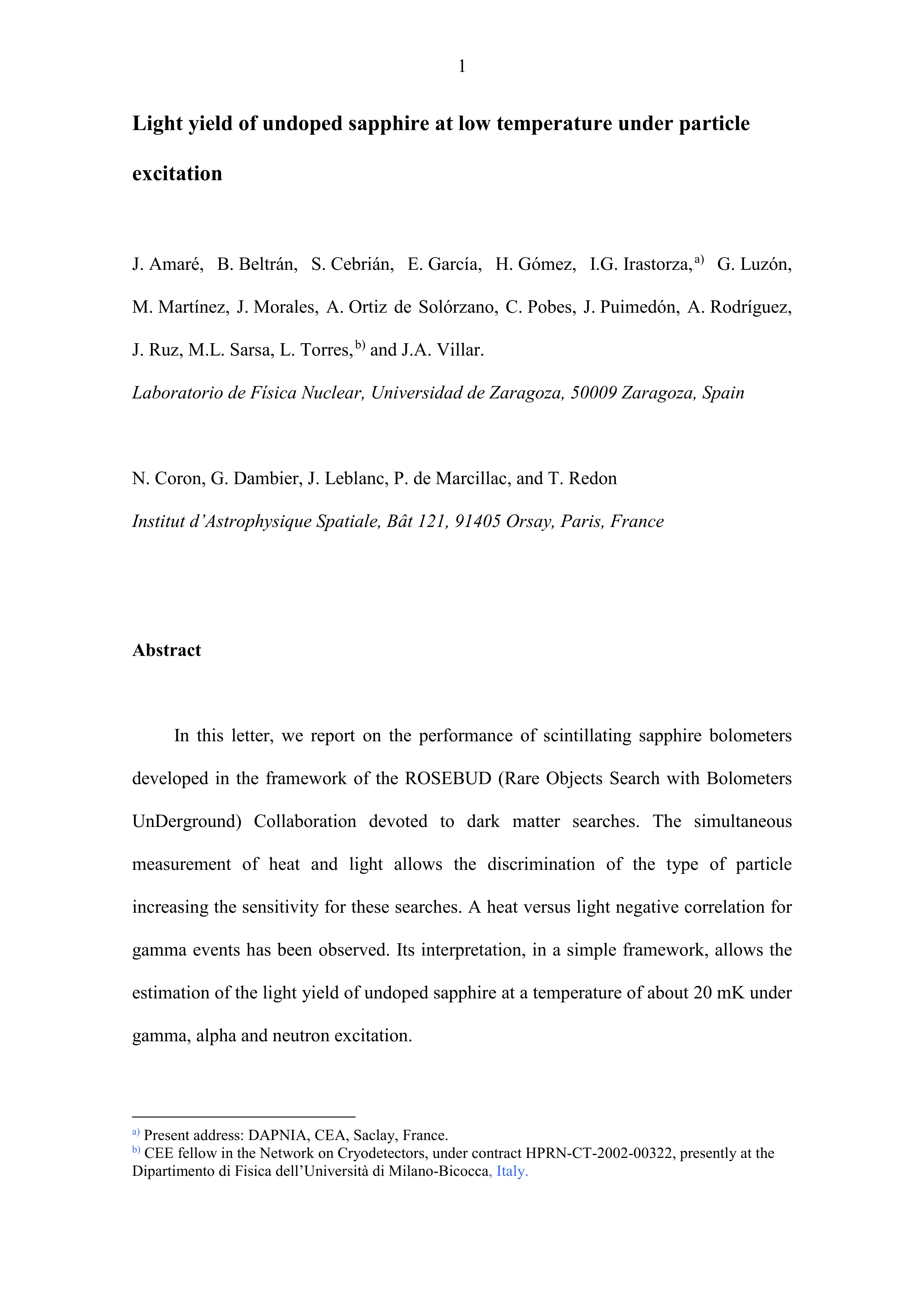 Light Yield of Undoped Sapphire at Low Temperature Under Particle Excitation