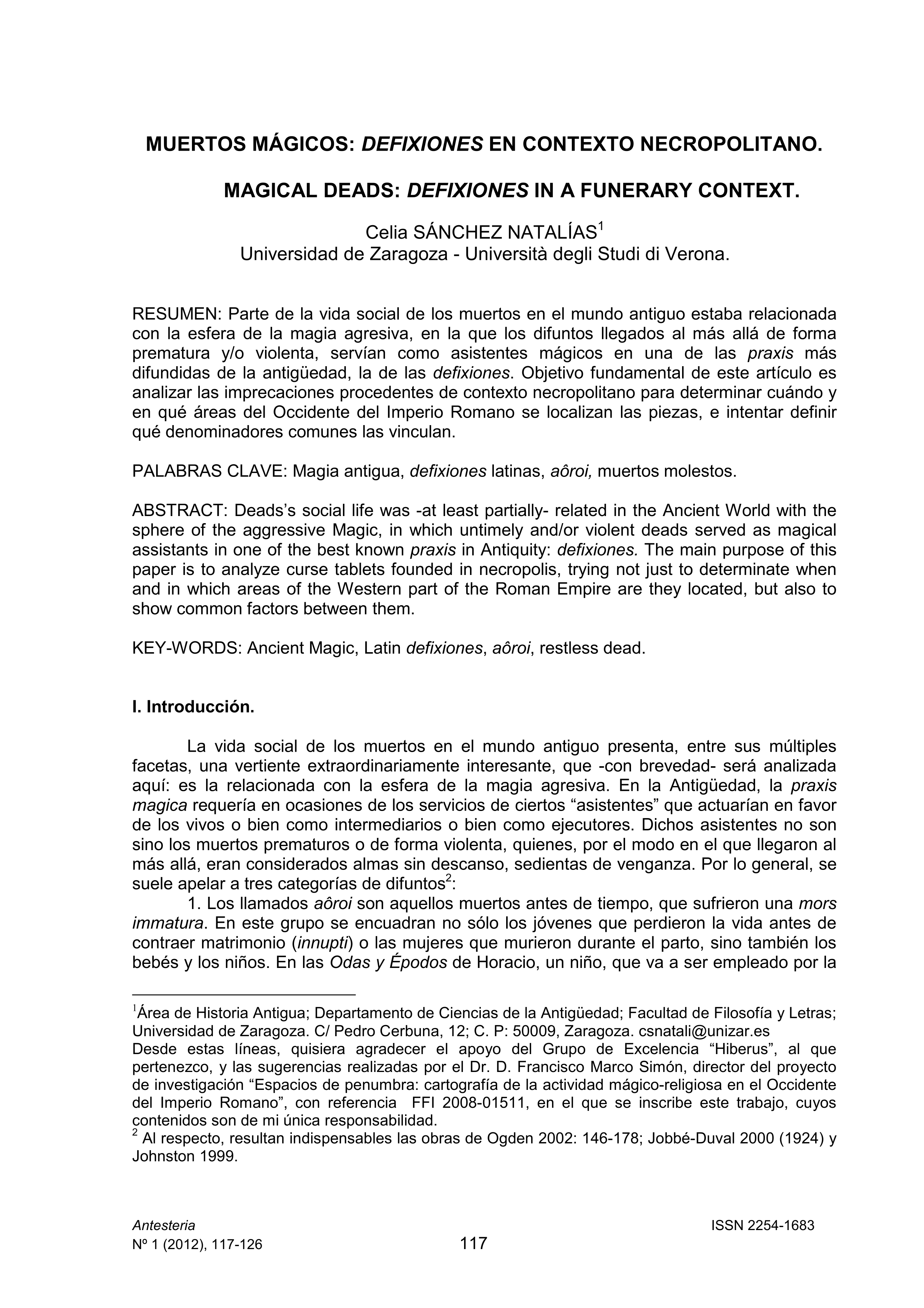 Muertos mágicos: defixiones en contexto necropolitano