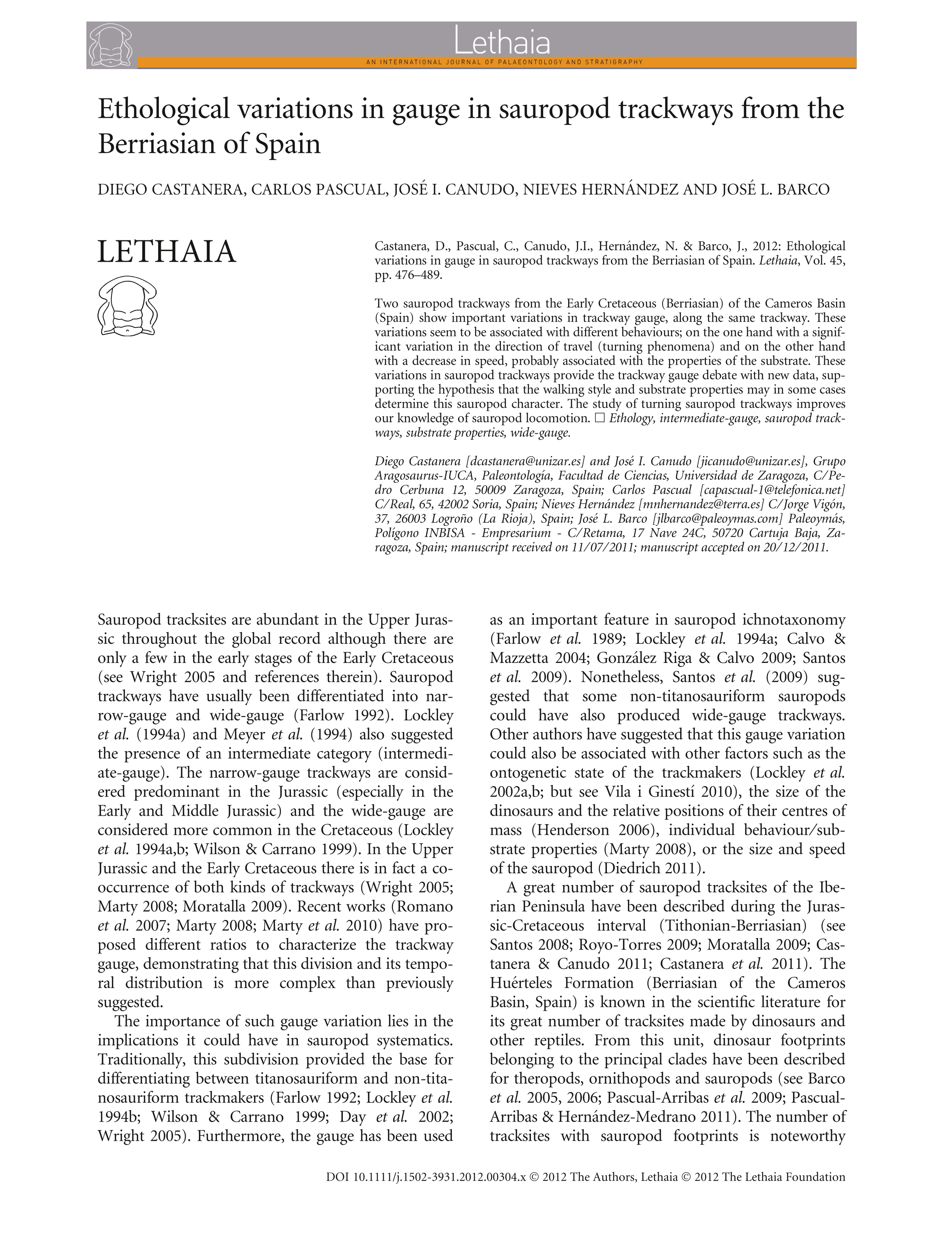 Ethological variations in gauge in sauropod trackways from the Berriasian of Spain