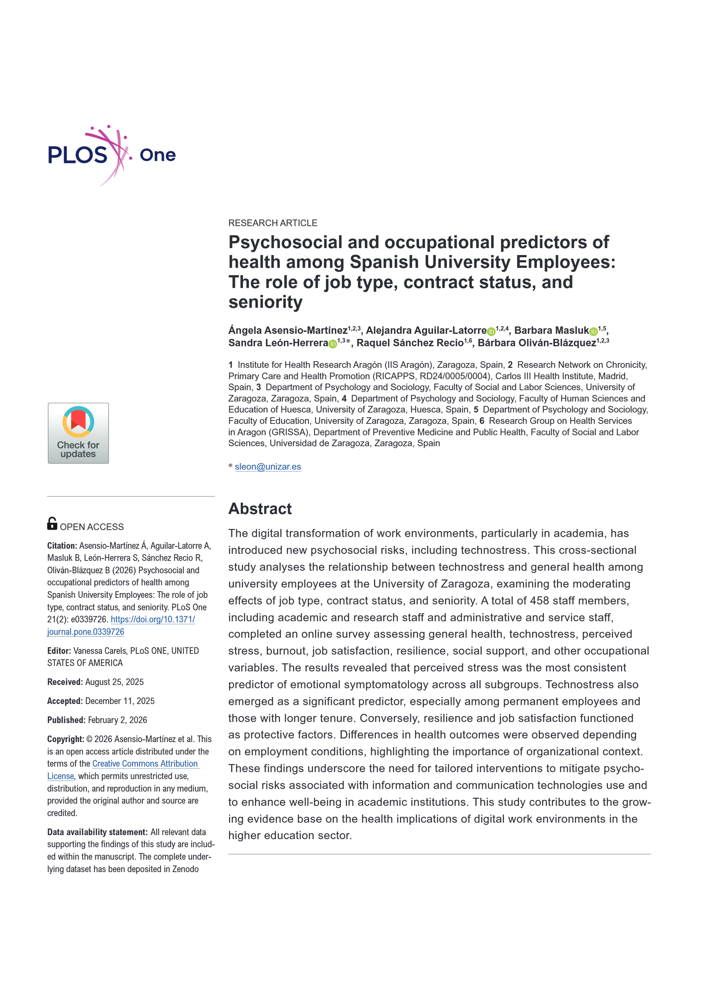 Psychosocial and occupational predictors of health among Spanish University Employees: The role of job type, contract status, and seniority
