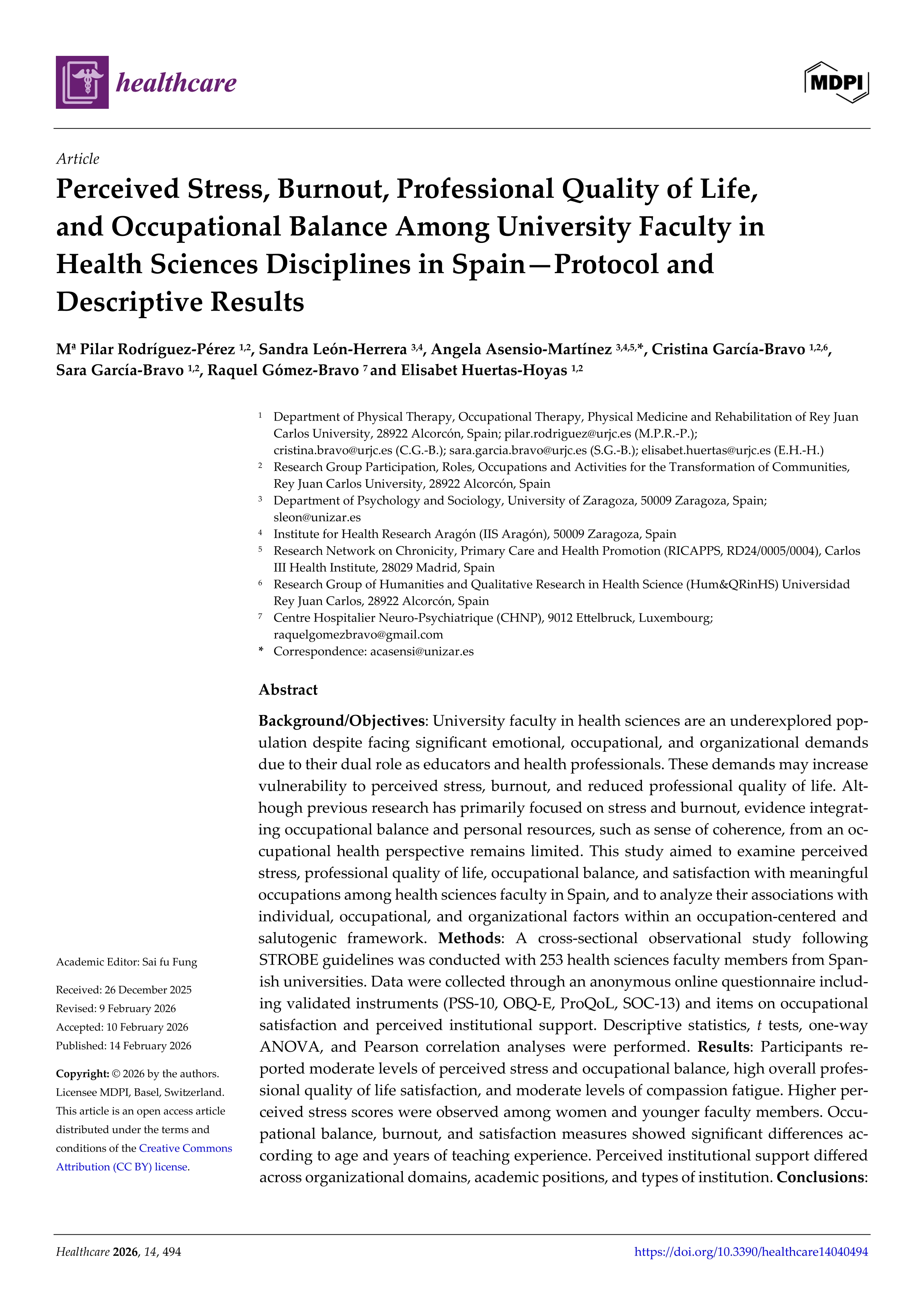 Perceived Stress, Burnout, Professional Quality of Life, and Occupational Balance Among University Faculty in Health Sciences Disciplines in Spain—Protocol and Descriptive Results