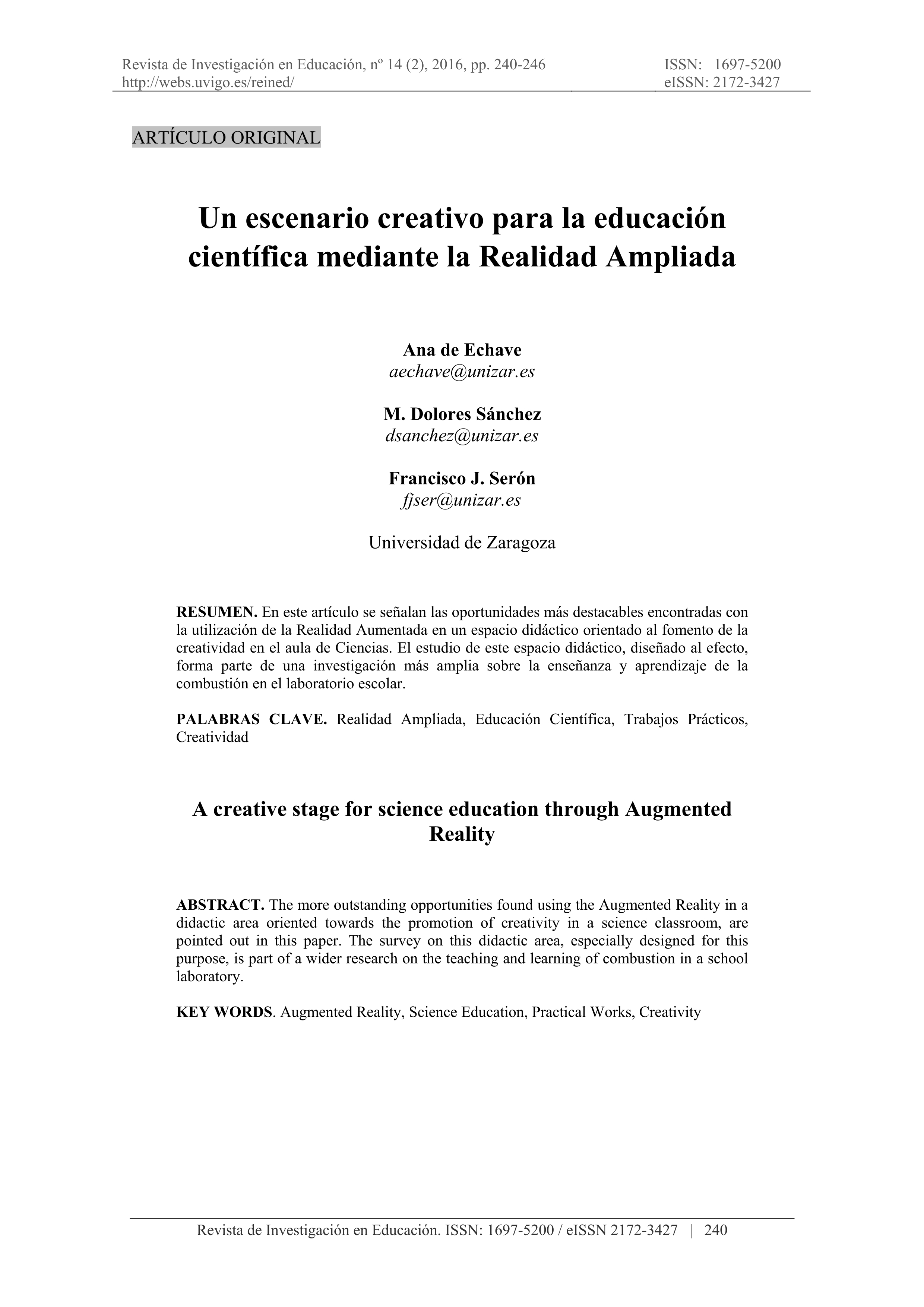 Un escenario creativo para la educación científica mediante la Realidad Ampliada