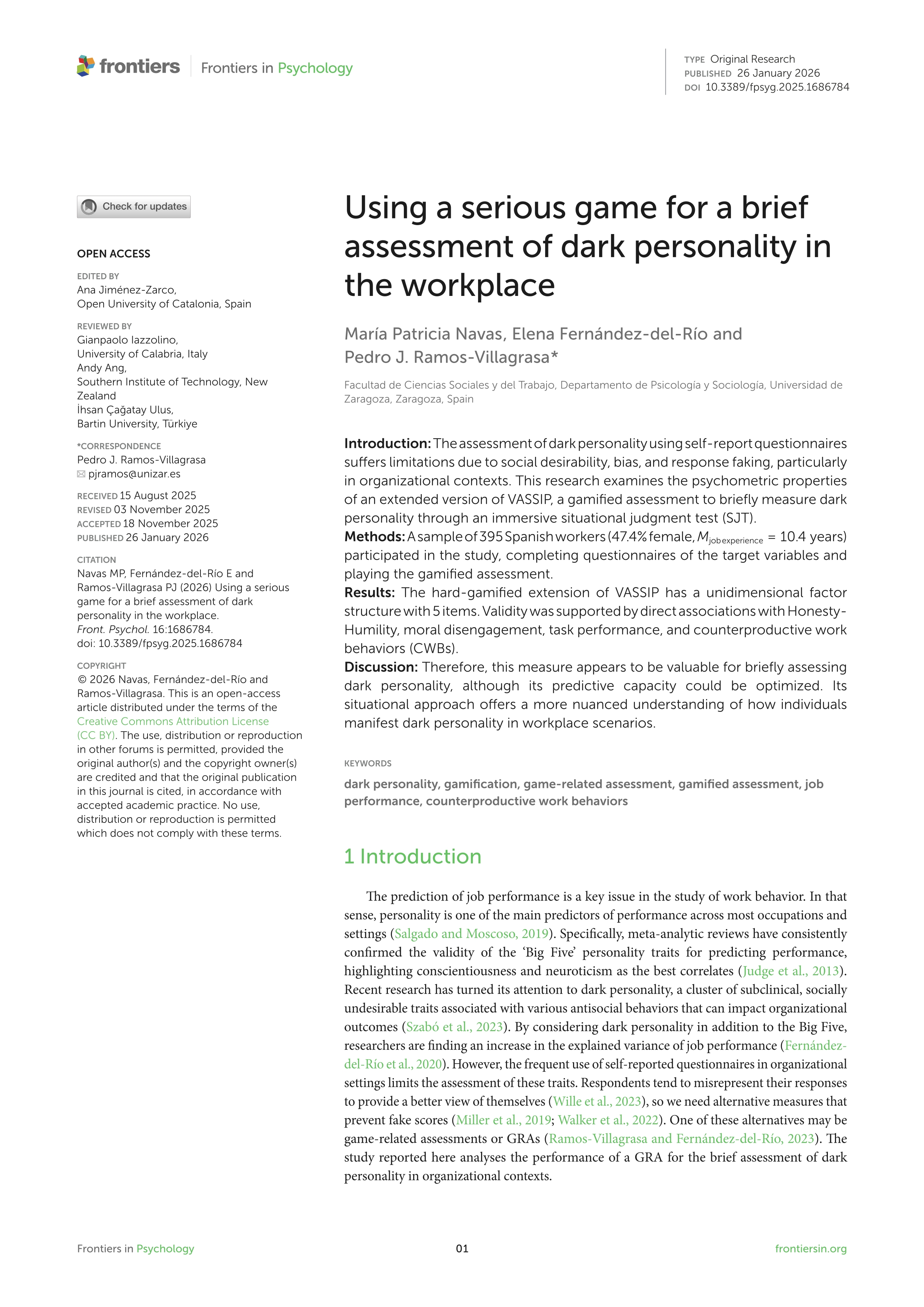 Using a serious game for a brief assessment of dark personality in the workplace