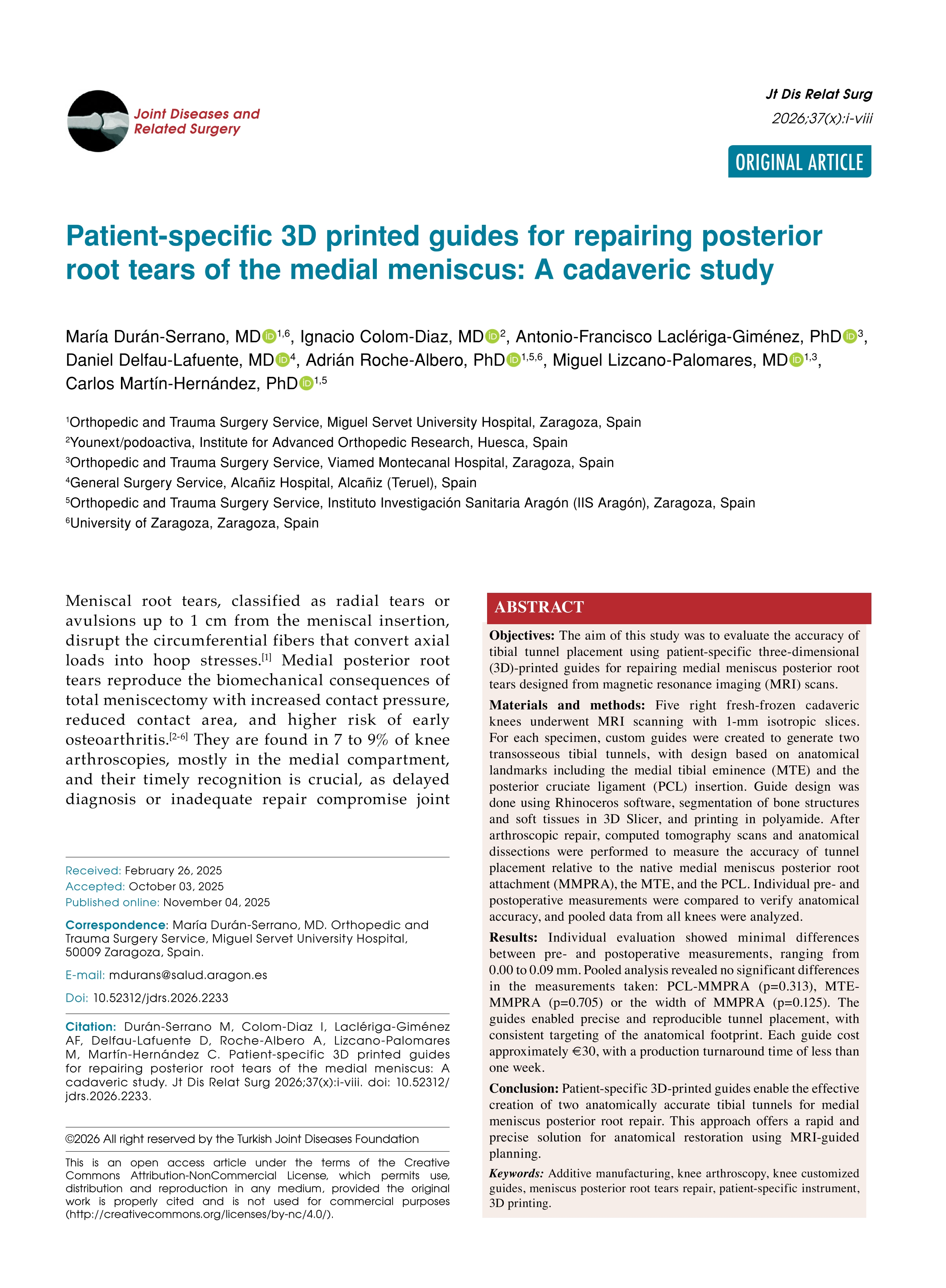 Patient-specific 3D printed guides for repairing posterior root tears of the medial meniscus: A cadaveric study