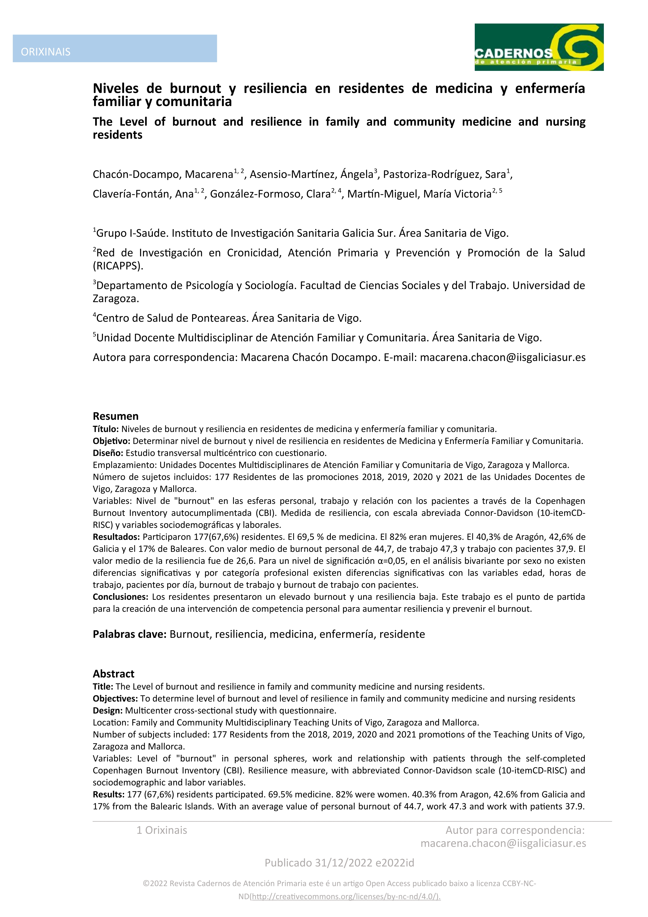 Niveles de burnout y resiliencia en residentes de medicina y enfermería familiar y comunitaria
