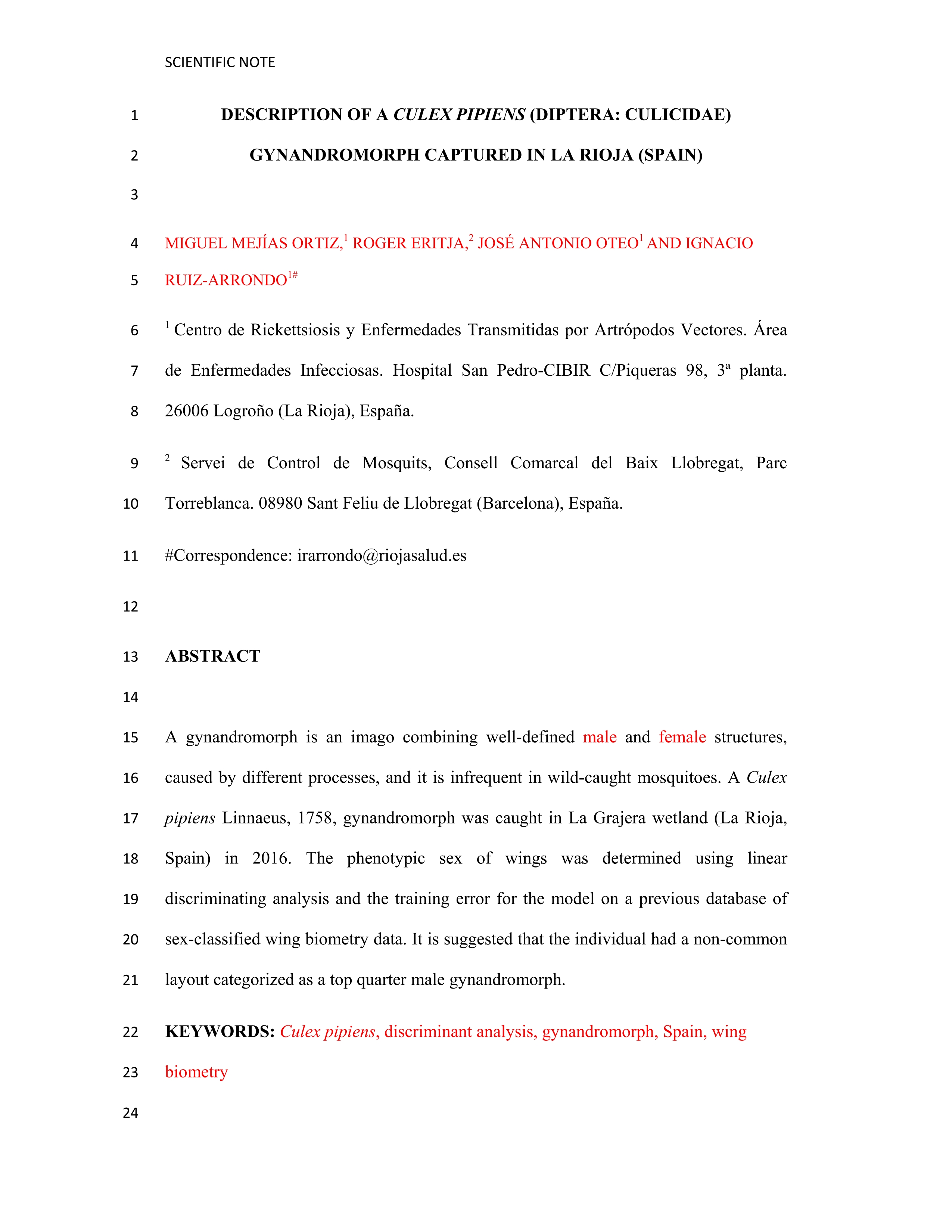 Description of a Culex pipiens Gynandromorph Captured in La Rioja (Spain)