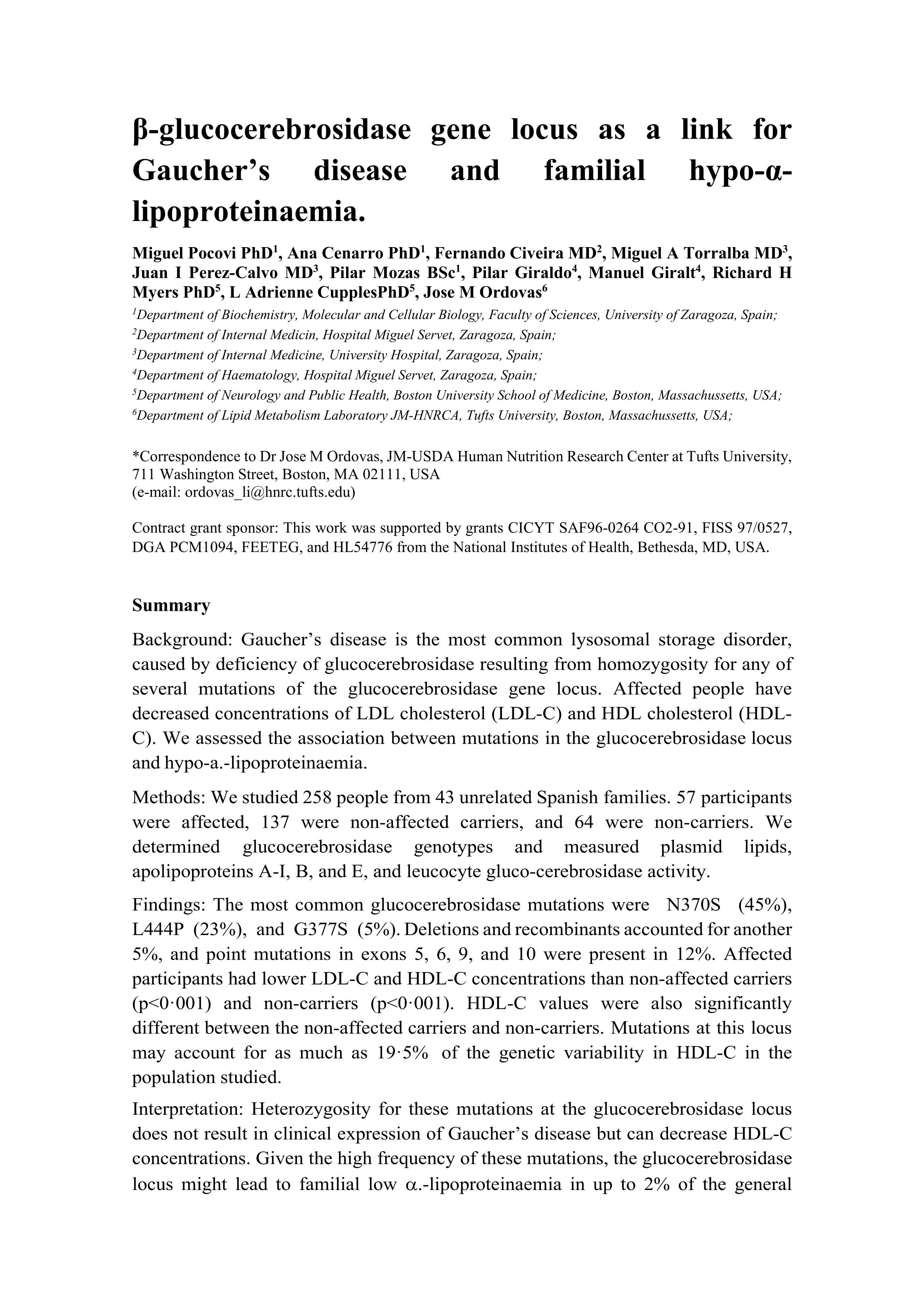 ß-glucocerebrosidase gene locus as a link for Gaucher's disease and familial hypo-a-lipoproteinaemia
