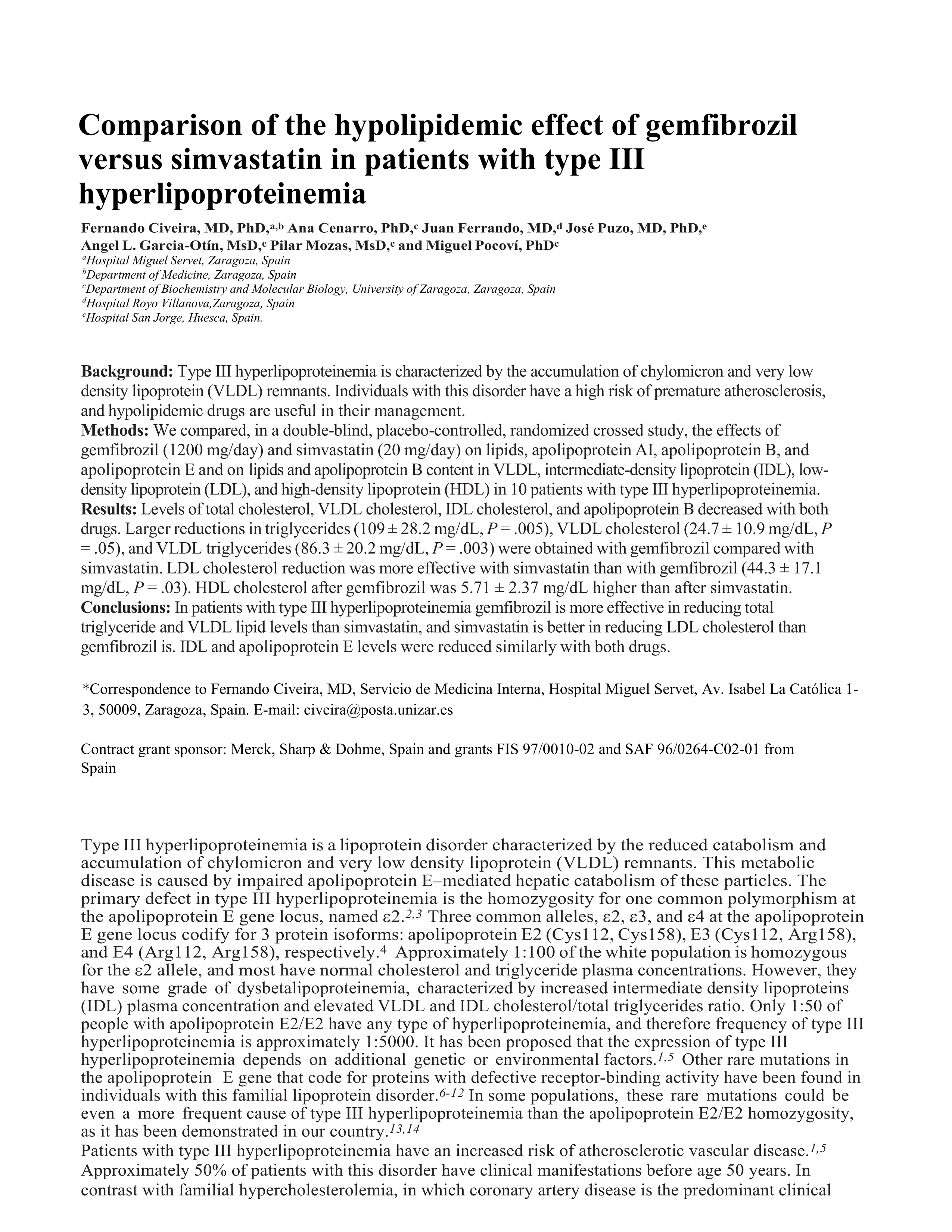 Comparison of the hypolipidemic effect of gemfibrozil versus simvastatin in patients with type III hyperlipoproteinemia