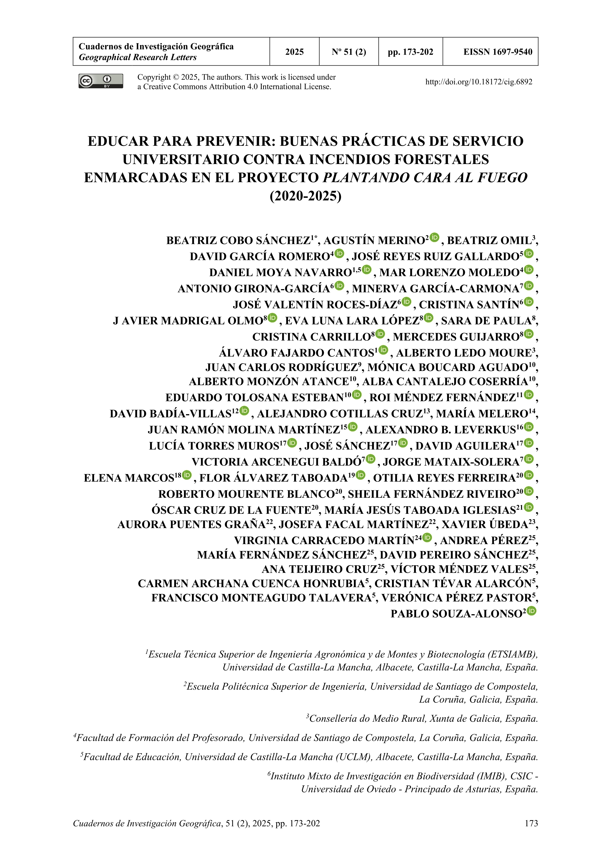 Educar para prevenir: buenas prácticas de servicio universitario contra incendios forestales enmarcadas en el proyecto Plantando Cara al Fuego (2020-2025)