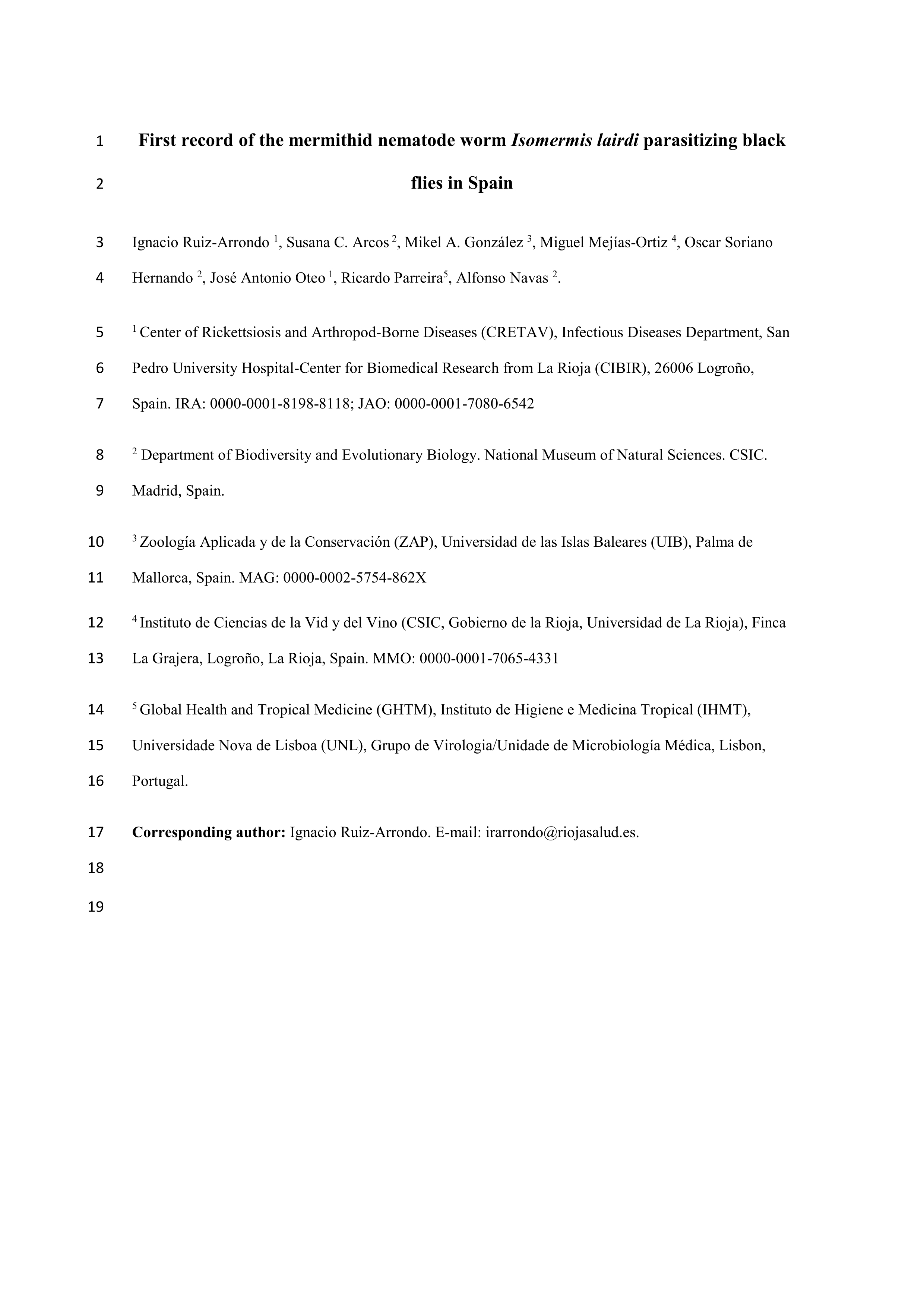 First record of the mermithid nematode worm Isomermis lairdi parasitizing black flies in Spain