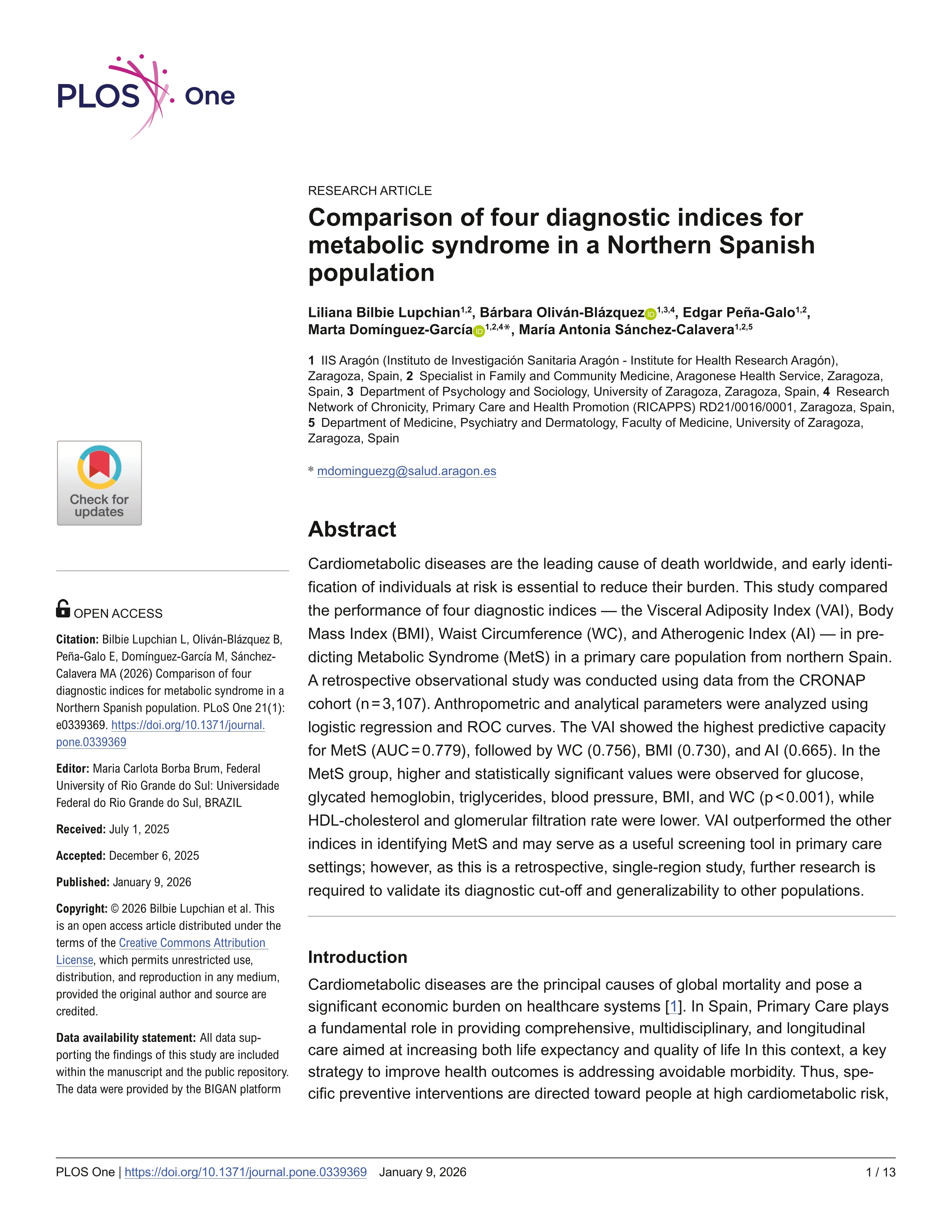 Comparison of four diagnostic indices for metabolic syndrome in a Northern Spanish population