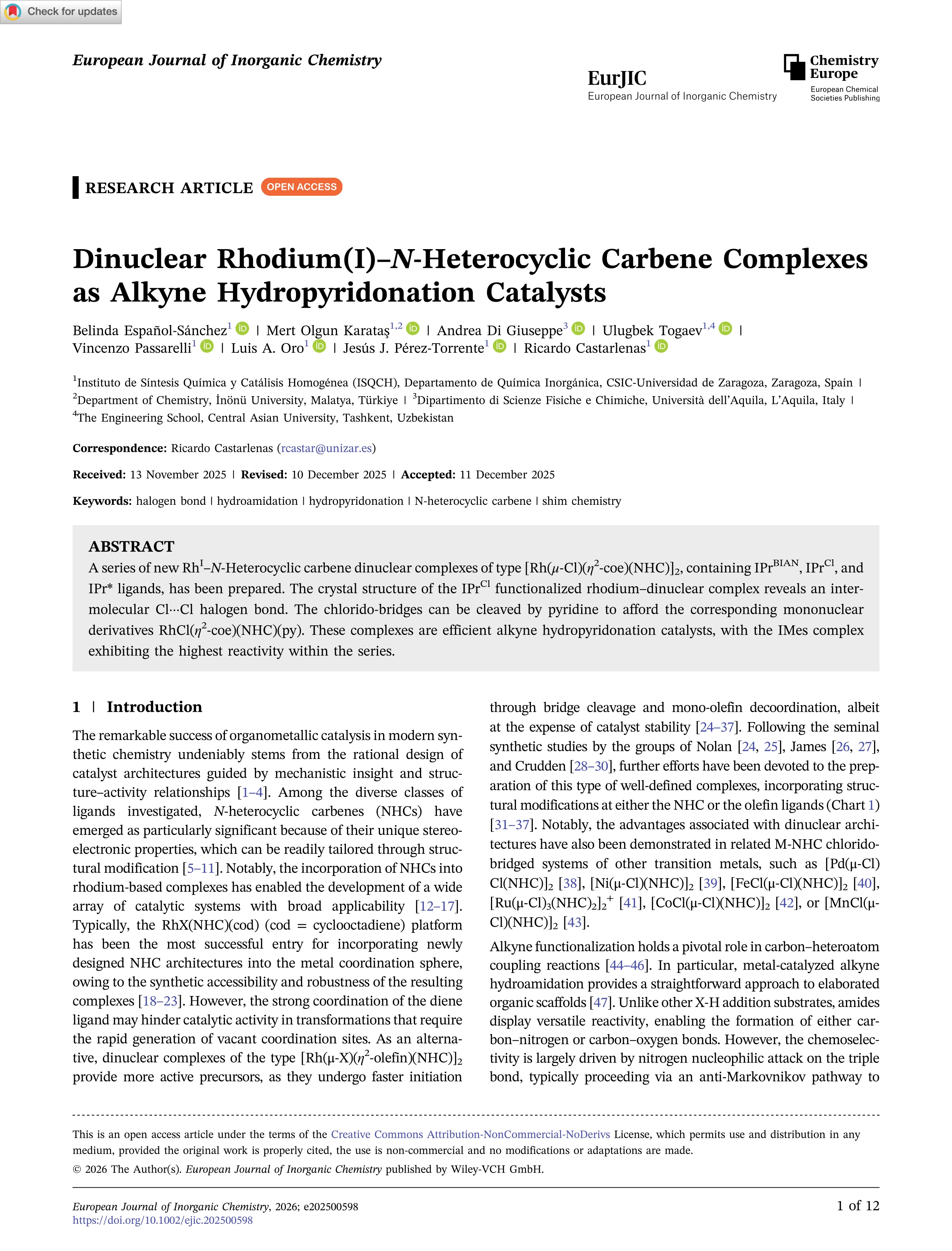 Dinuclear Rhodium(I)–N-Heterocyclic Carbene Complexes as Alkyne Hydropyridonation Catalysts