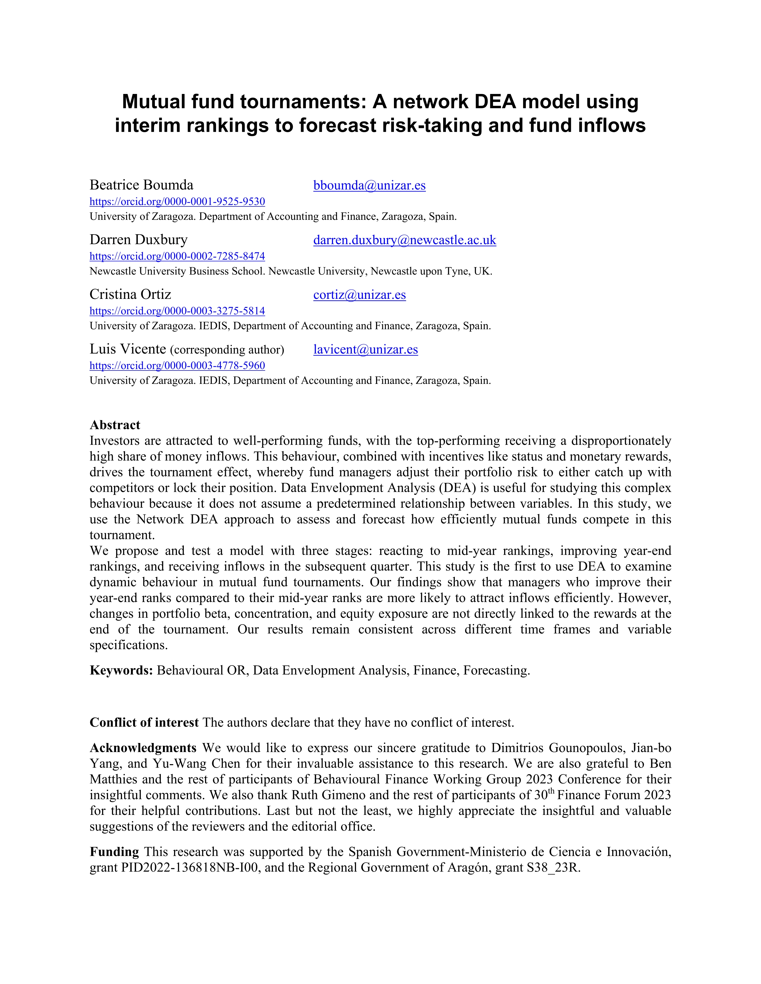 Mutual fund tournaments: a network DEA model using interim rankings to forecast risk-taking and fund inflows