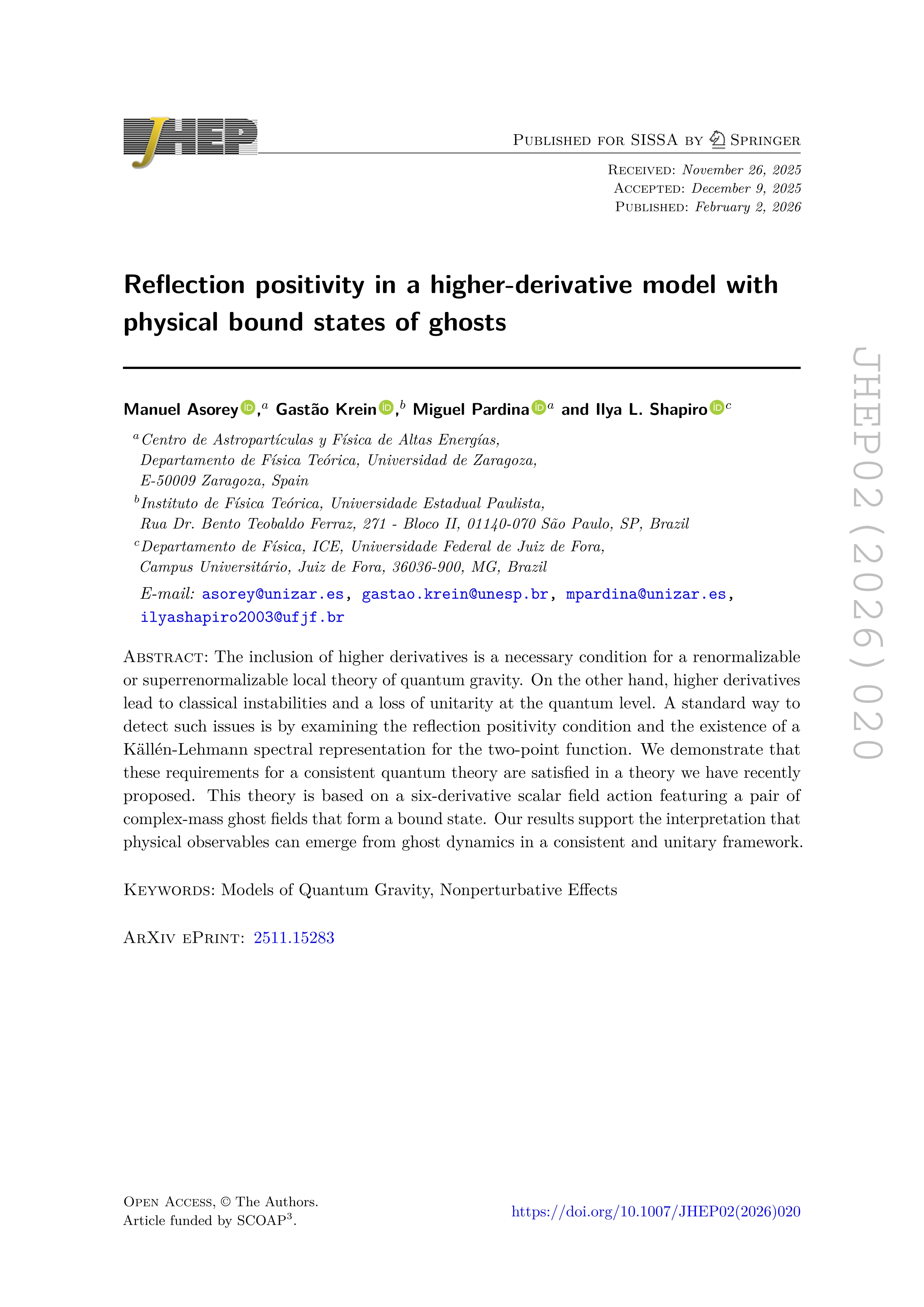 Reflection positivity in a higher-derivative model with physical bound states of ghosts