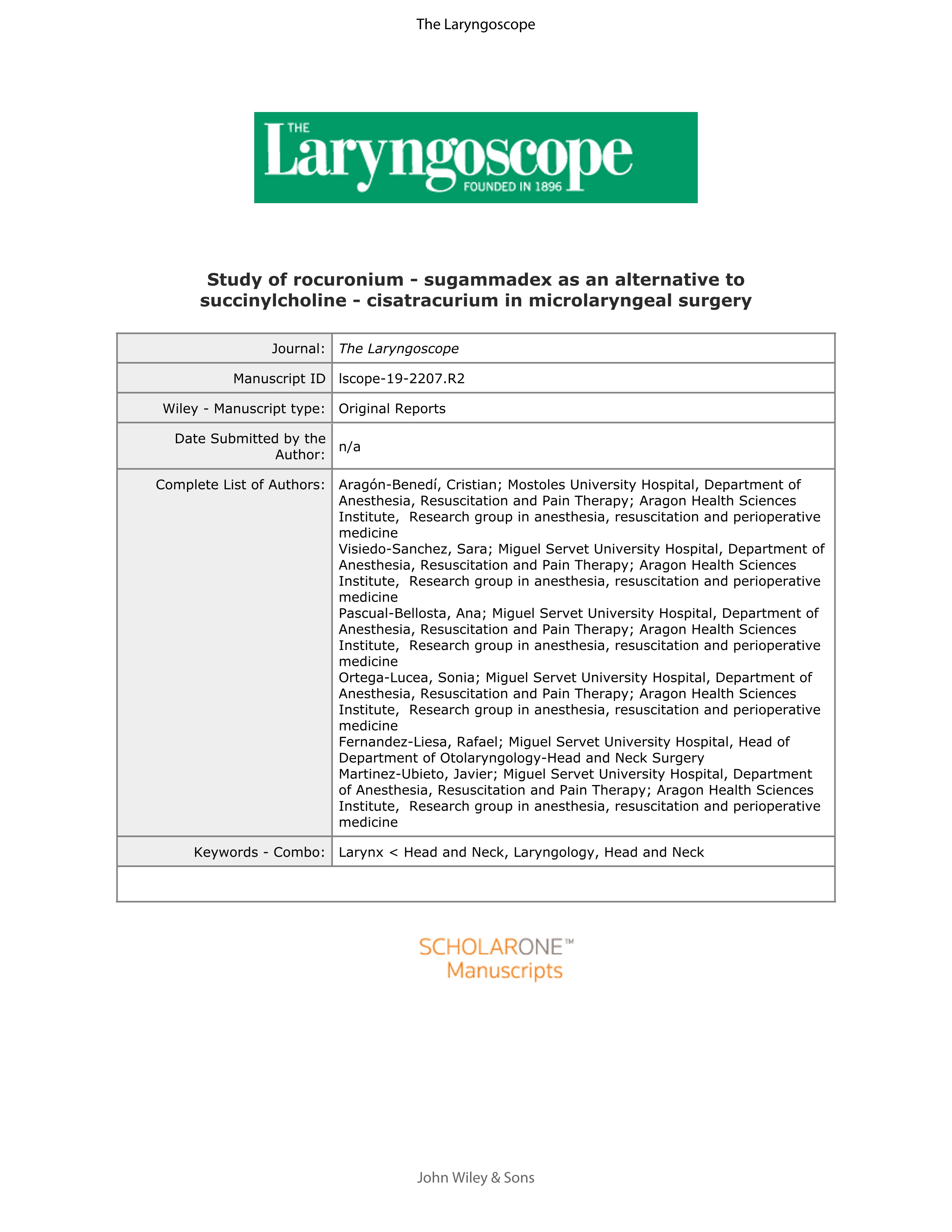 Study of Rocuronium–Sugammadex as an Alternative to Succinylcholine–Cisatracurium in Microlaryngeal Surgery