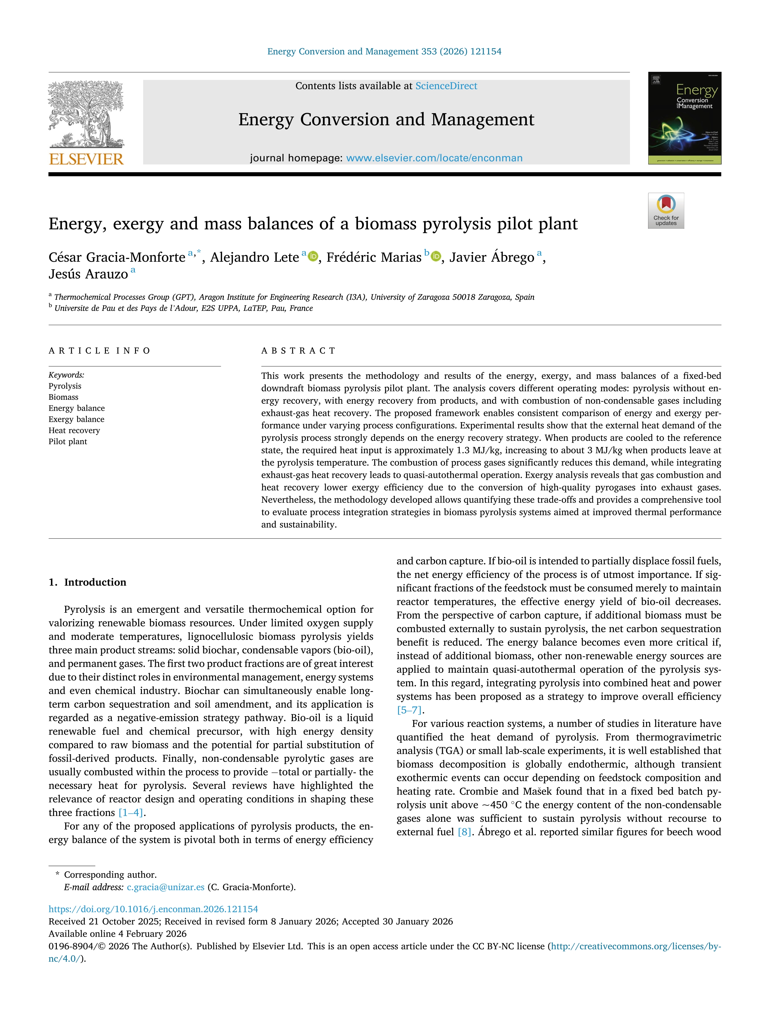 Energy, exergy and mass balances of a biomass pyrolysis pilot plant