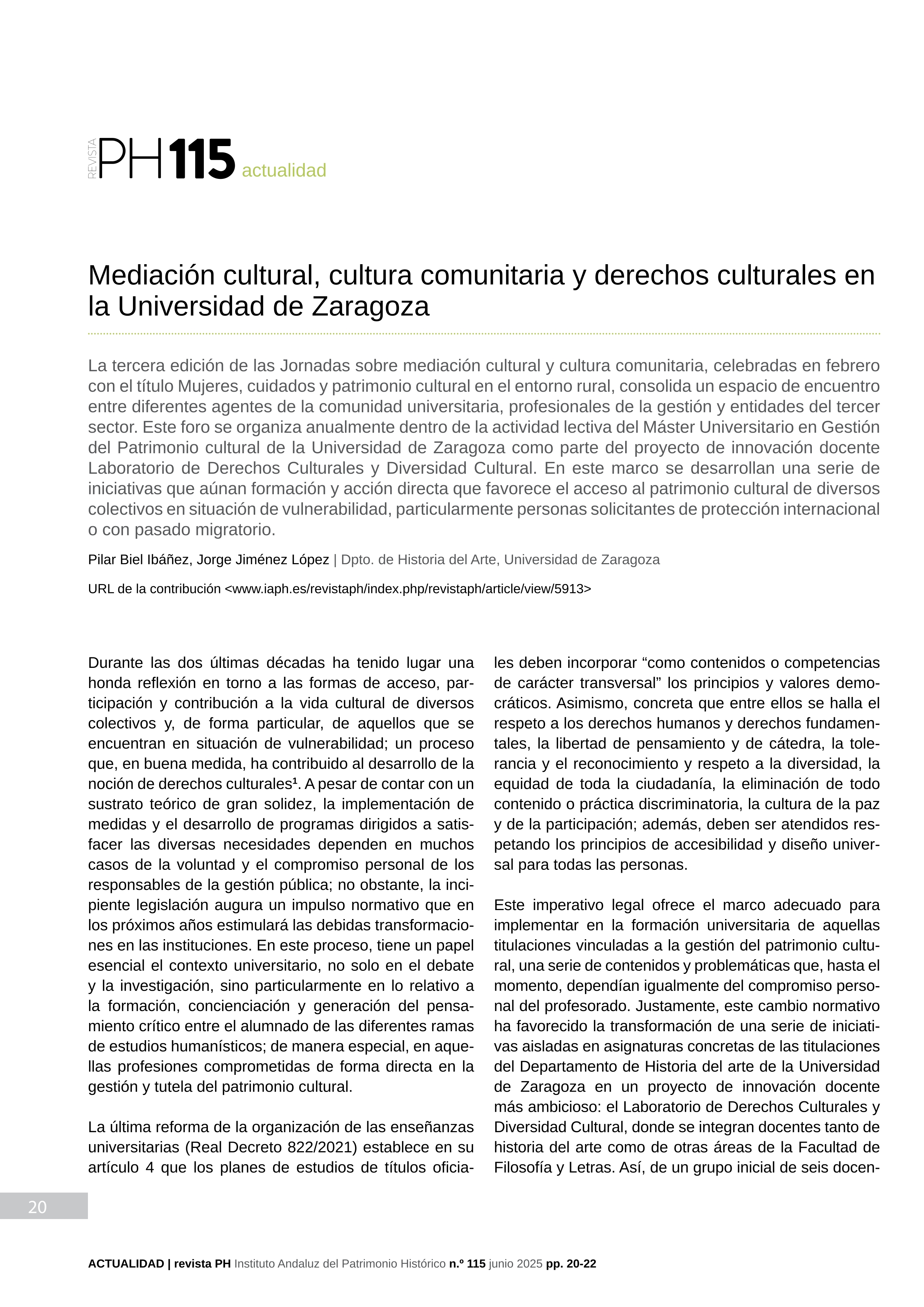 Mediación cultural, cultura comunitaria y derechos culturales en la Universidad de Zaragoza