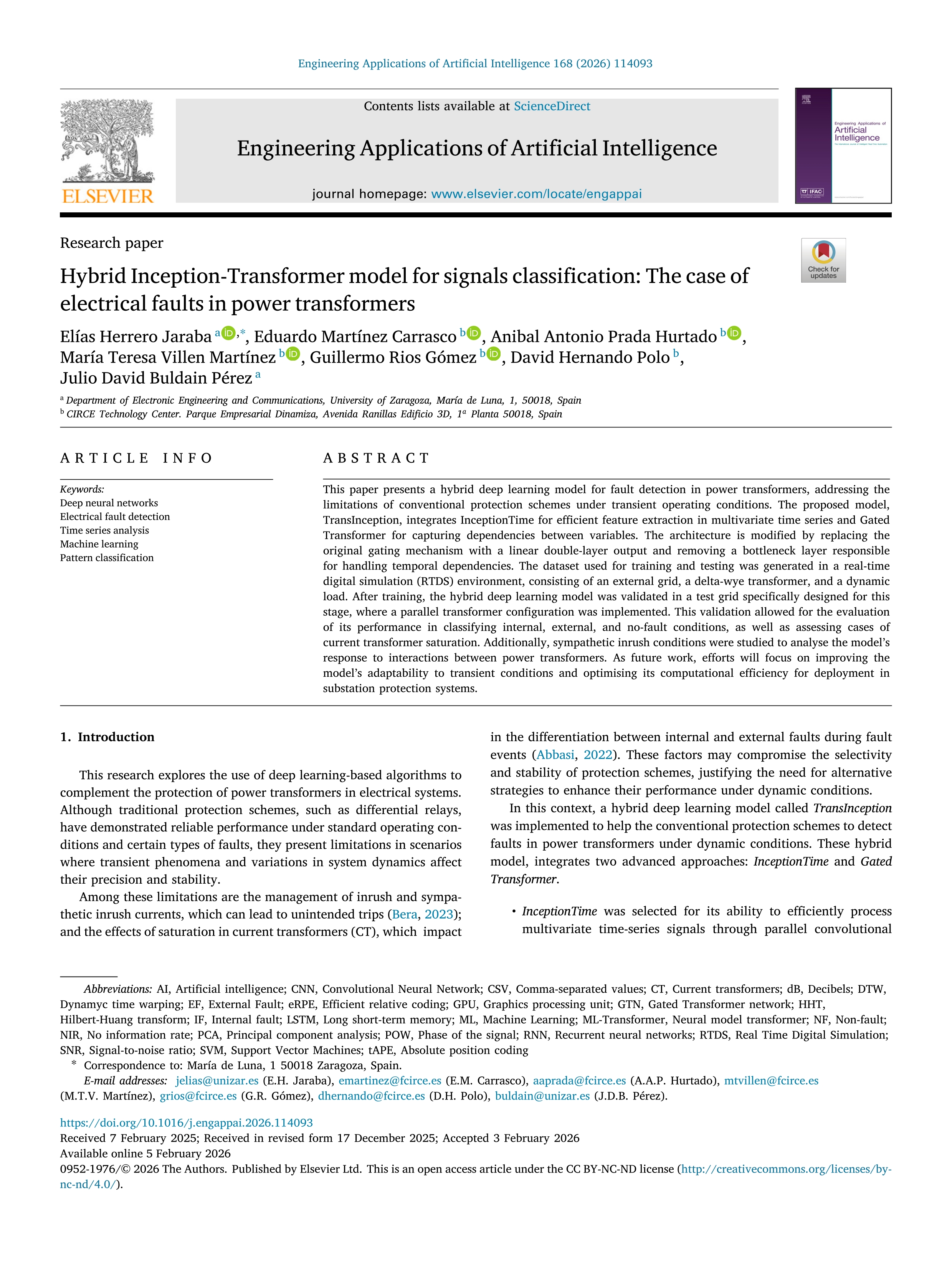 Hybrid Inception-Transformer model for signals classification: The case of electrical faults in power transformers