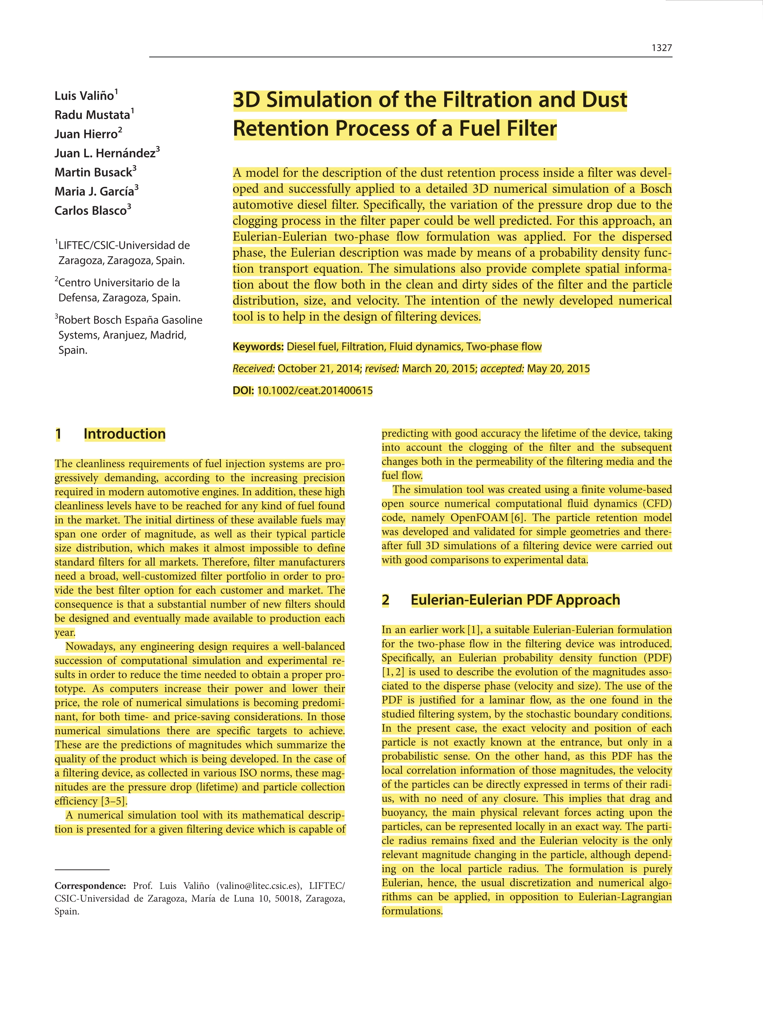 3D Simulation of the Filtration and Dust Retention Process of a Fuel Filter