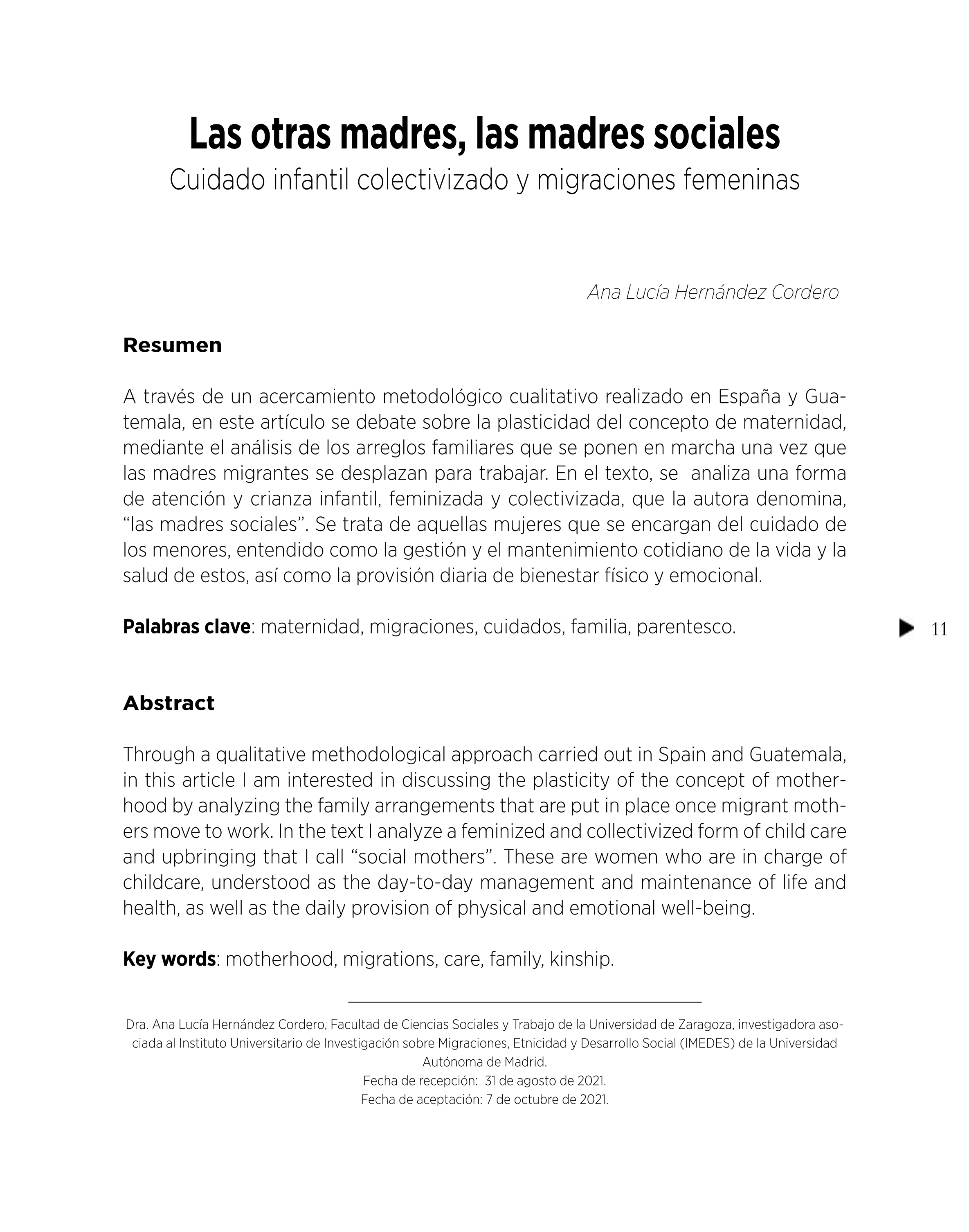 Las otras madres, las madres sociales. Cuidado infantil colectivizado y migraciones femeninas