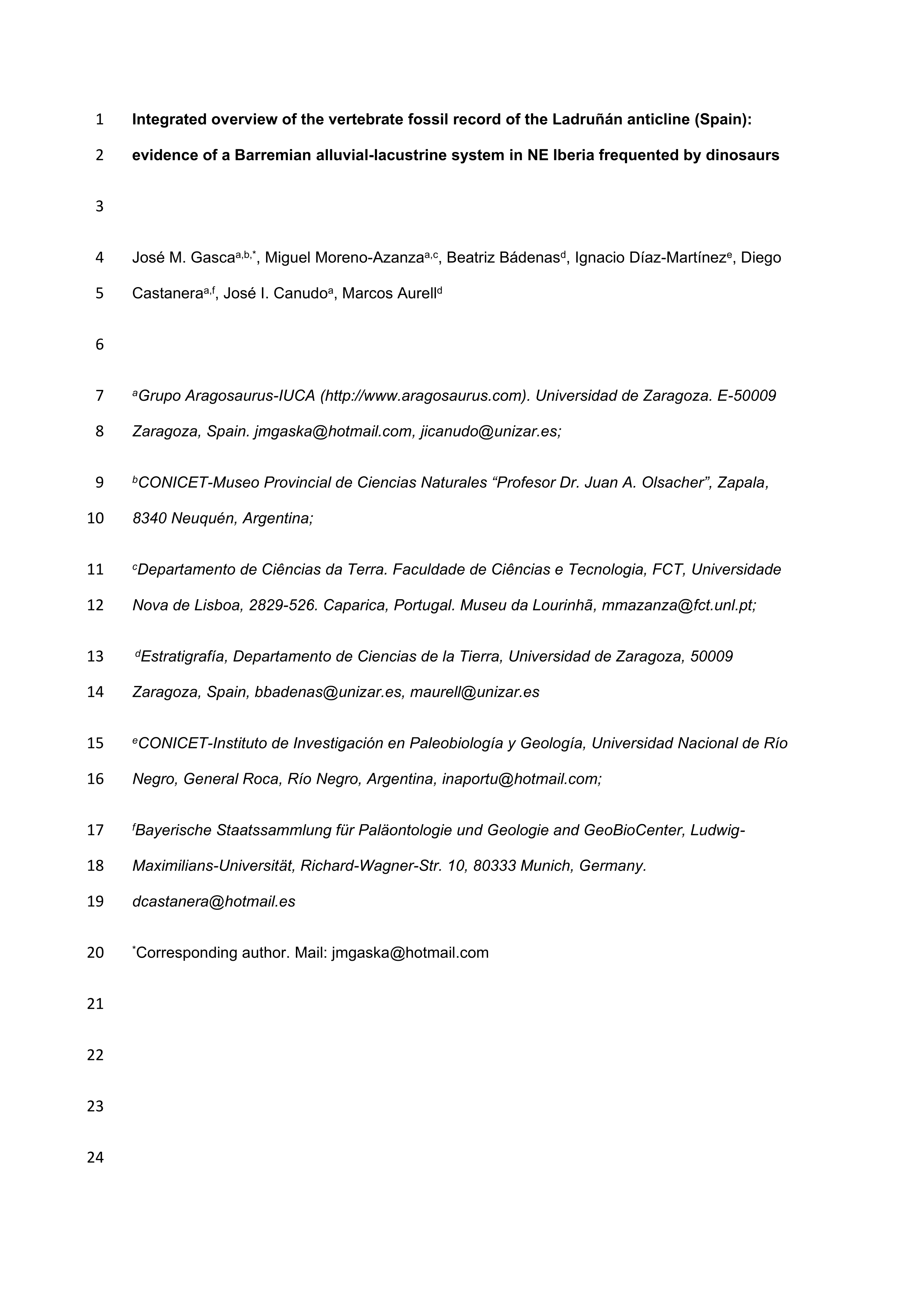 Integrated overview of the vertebrate fossil record of the Ladruñán anticline (Spain): Evidence of a Barremian alluvial-lacustrine system in NE Iberia frequented by dinosaurs