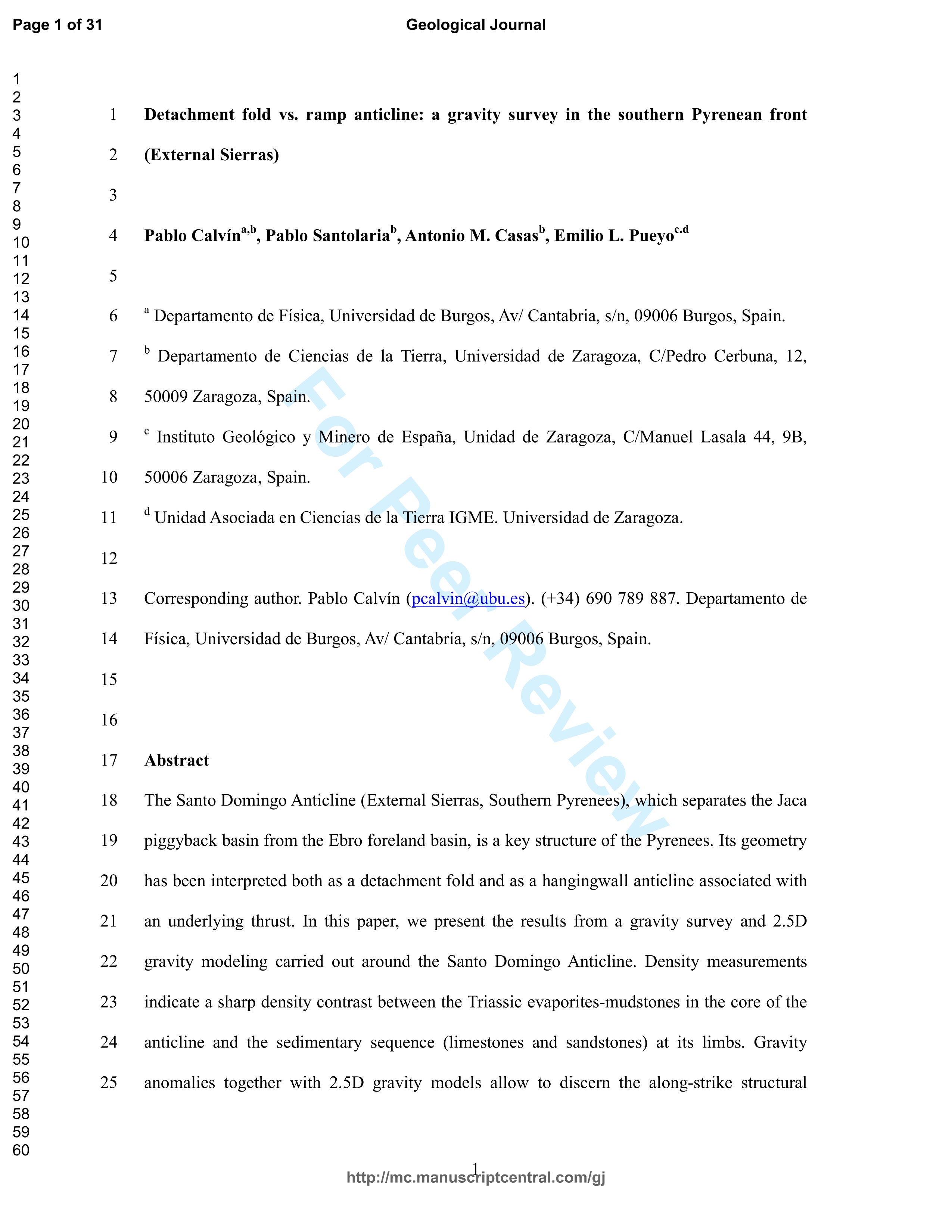 Detachment fold vs. ramp anticline: A gravity survey in the southern Pyrenean front (External Sierras)