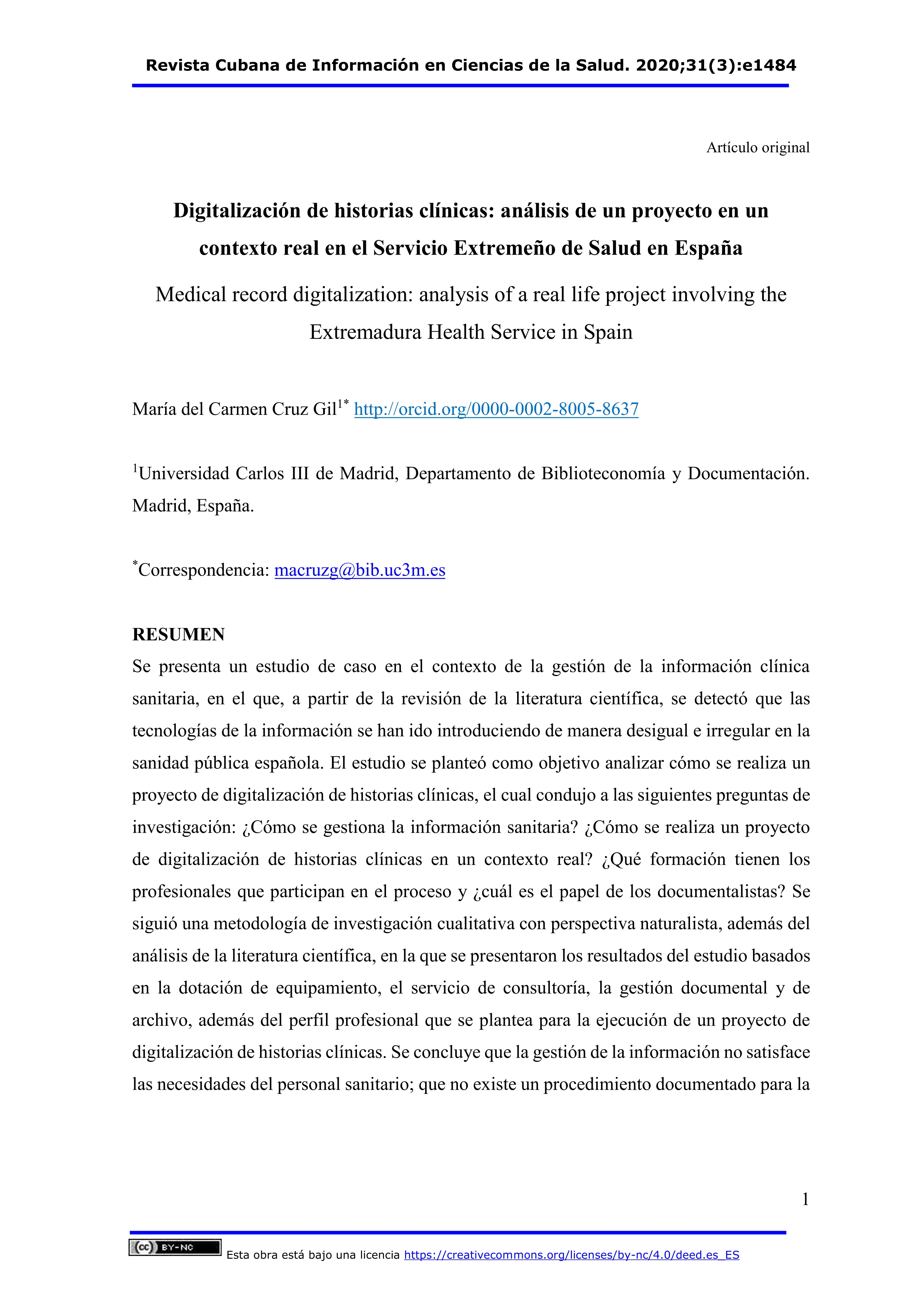 Digitalización de historias clínicas: análisis de un proyecto en un contexto real en el Servicio Extremeño de Salud en España