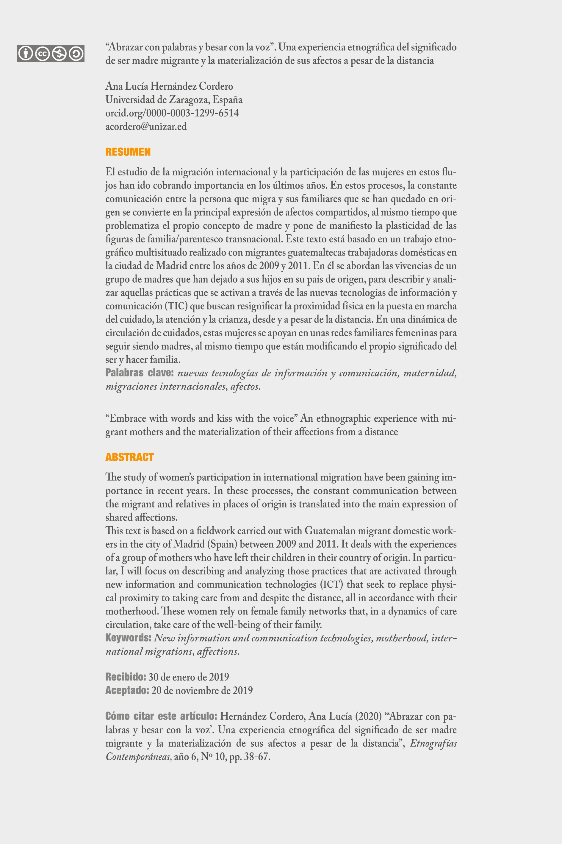 Abrazar con palabras y besar con la voz”. Una experiencia etnográfica del significado de ser madre migrante y la materialización de sus afectos a pesar de la distancia
