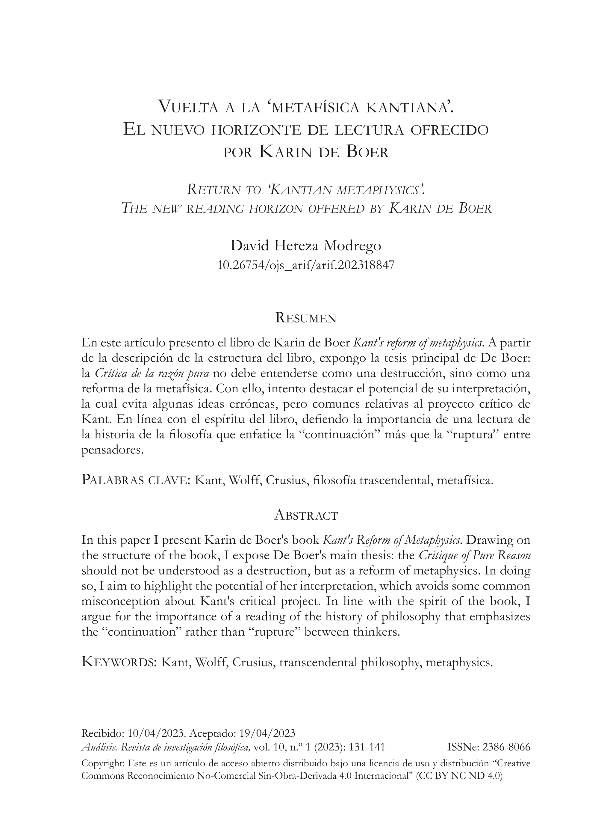 Vuelta a la ‘metafísica kantiana’