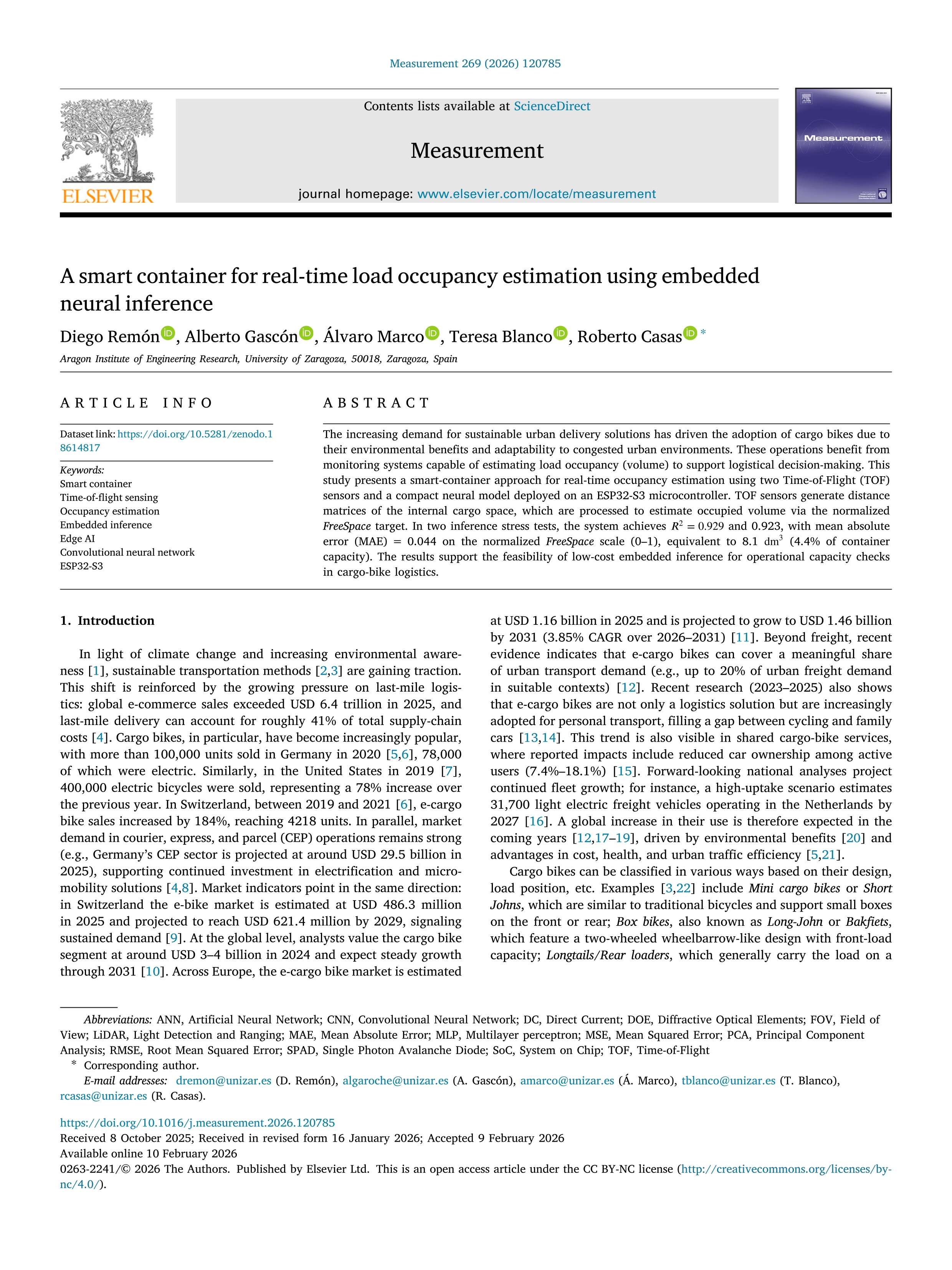 A smart container for real-time load occupancy estimation using embedded neural inference