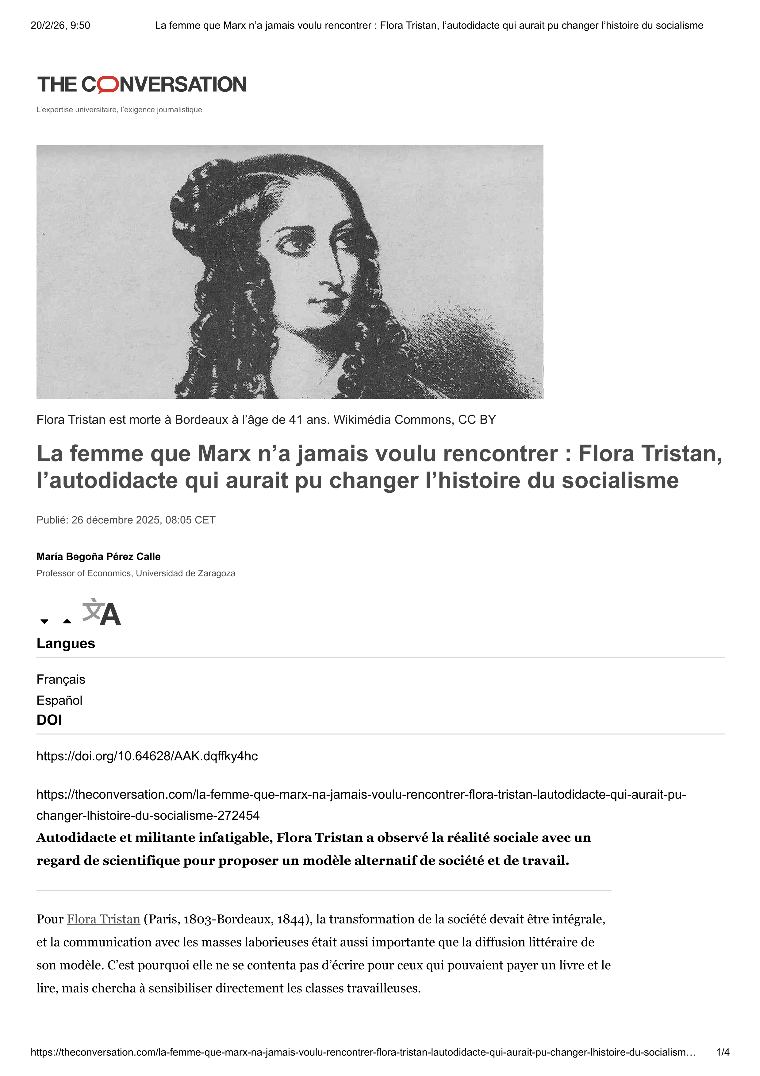La femme que Marx n’a jamais voulu rencontrer : Flora Tristan, l’autodidacte qui aurait pu changer l’histoire du socialisme
