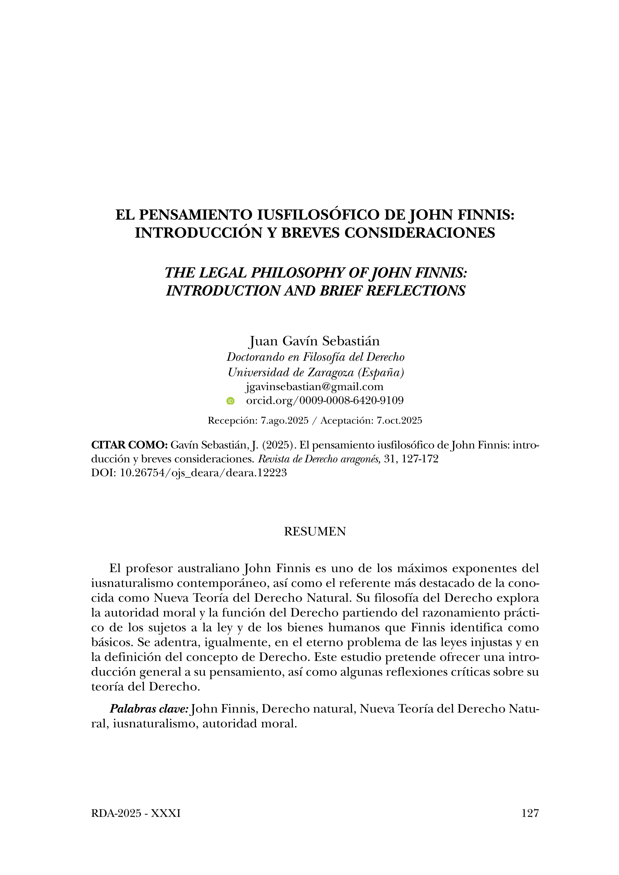 El pensamiento iusfilosófico de John Finnis: introducción y breves consideraciones