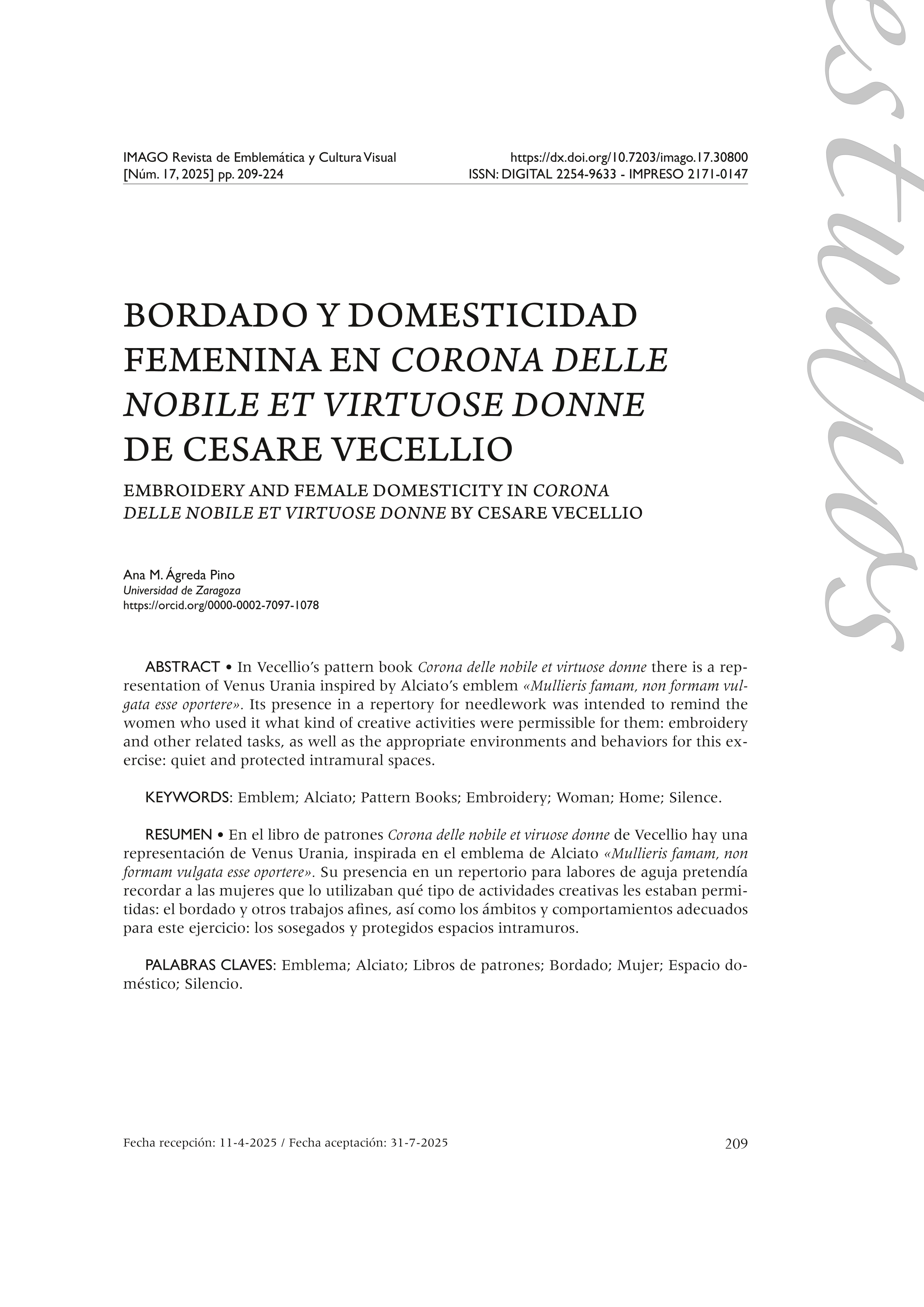 Bordado y domesticidad femenina en Corona delle nobile et virtuose donne de Cesare Vecellio