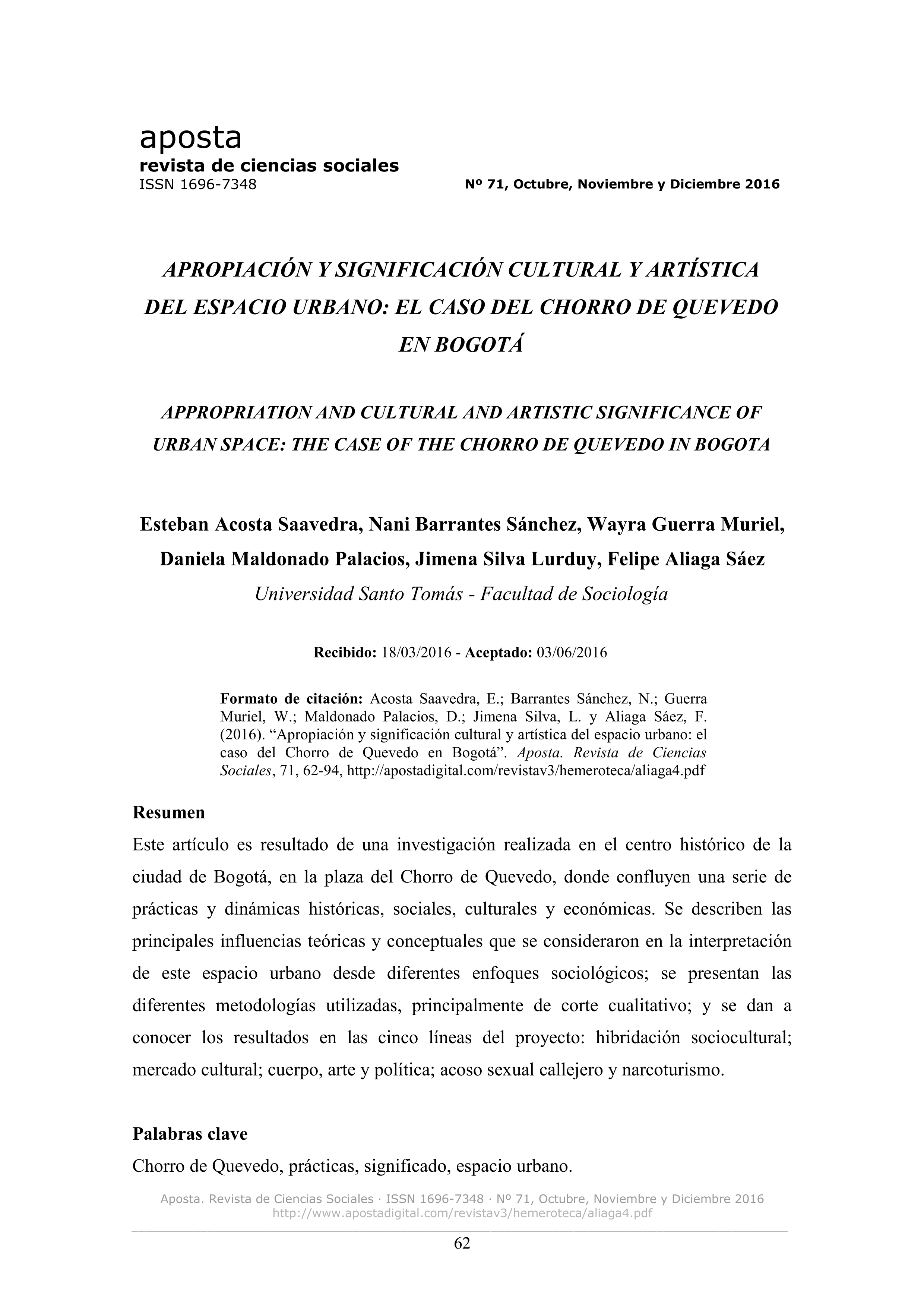 Apropiación y significación cultural y artística del espacio urbano: el caso del Chorro de Quevedo en Bogotá