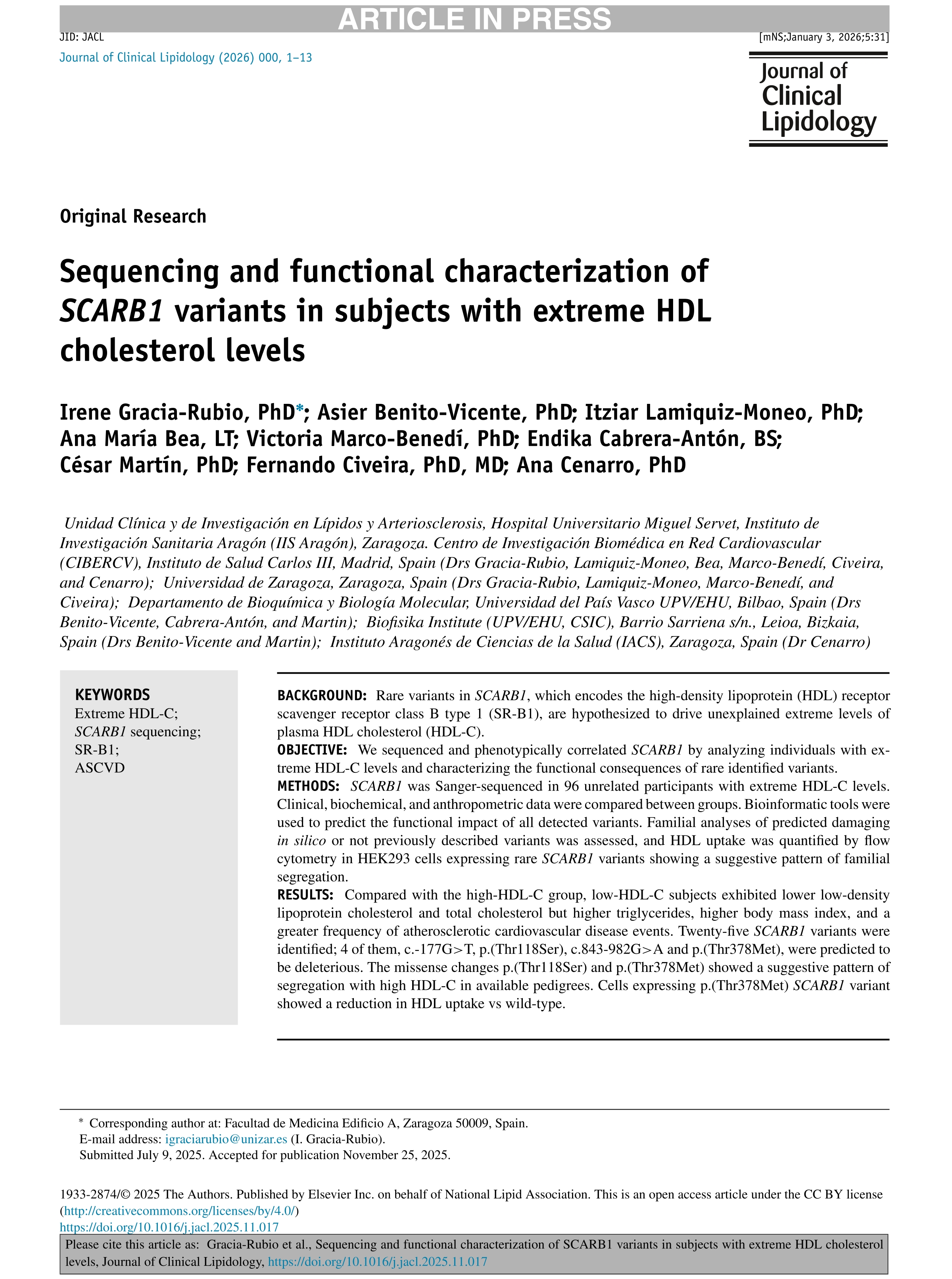 Sequencing and functional characterization of SCARB1 variants in subjects with extreme HDL cholesterol levels