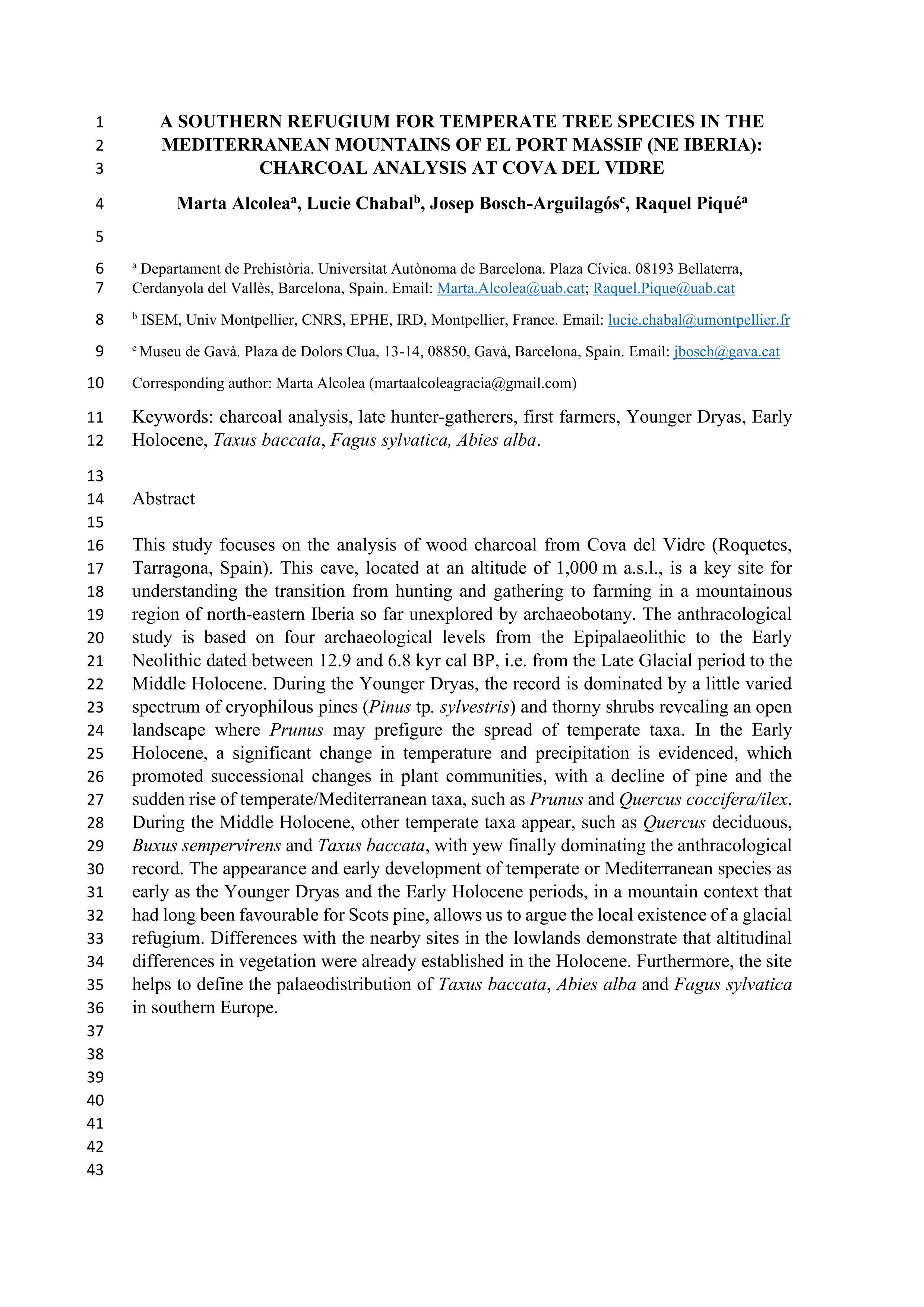 A southern refugium for temperate tree species in the Mediterranean mountains of El Port massif (NE Iberia): Charcoal analysis at Cova Del Vidre