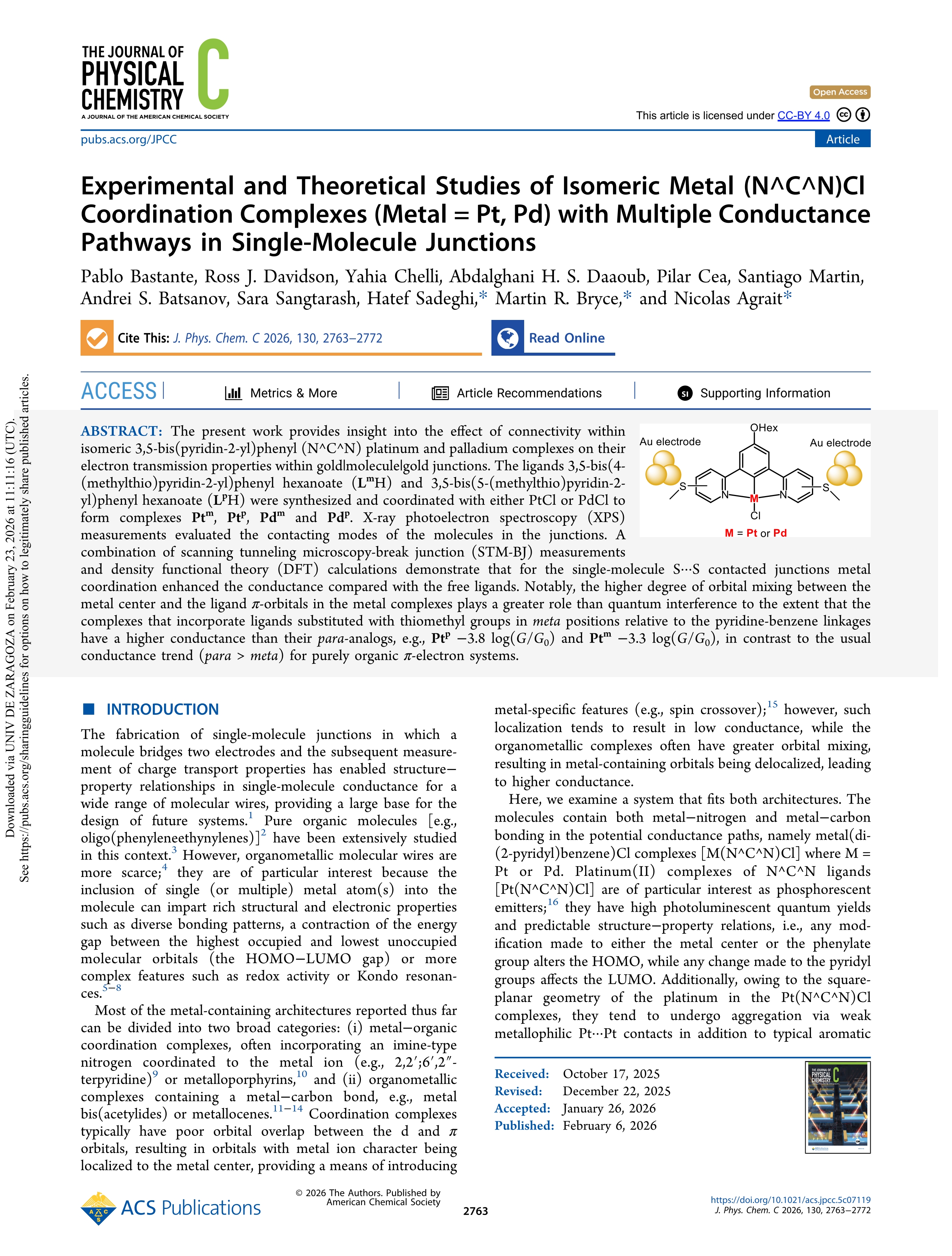 Experimental and theoretical studies of isomeric metal (N^C^N)Cl coordination complexes (Metal = Pt, Pd) with multiple conductance pathways in single-molecule junctions