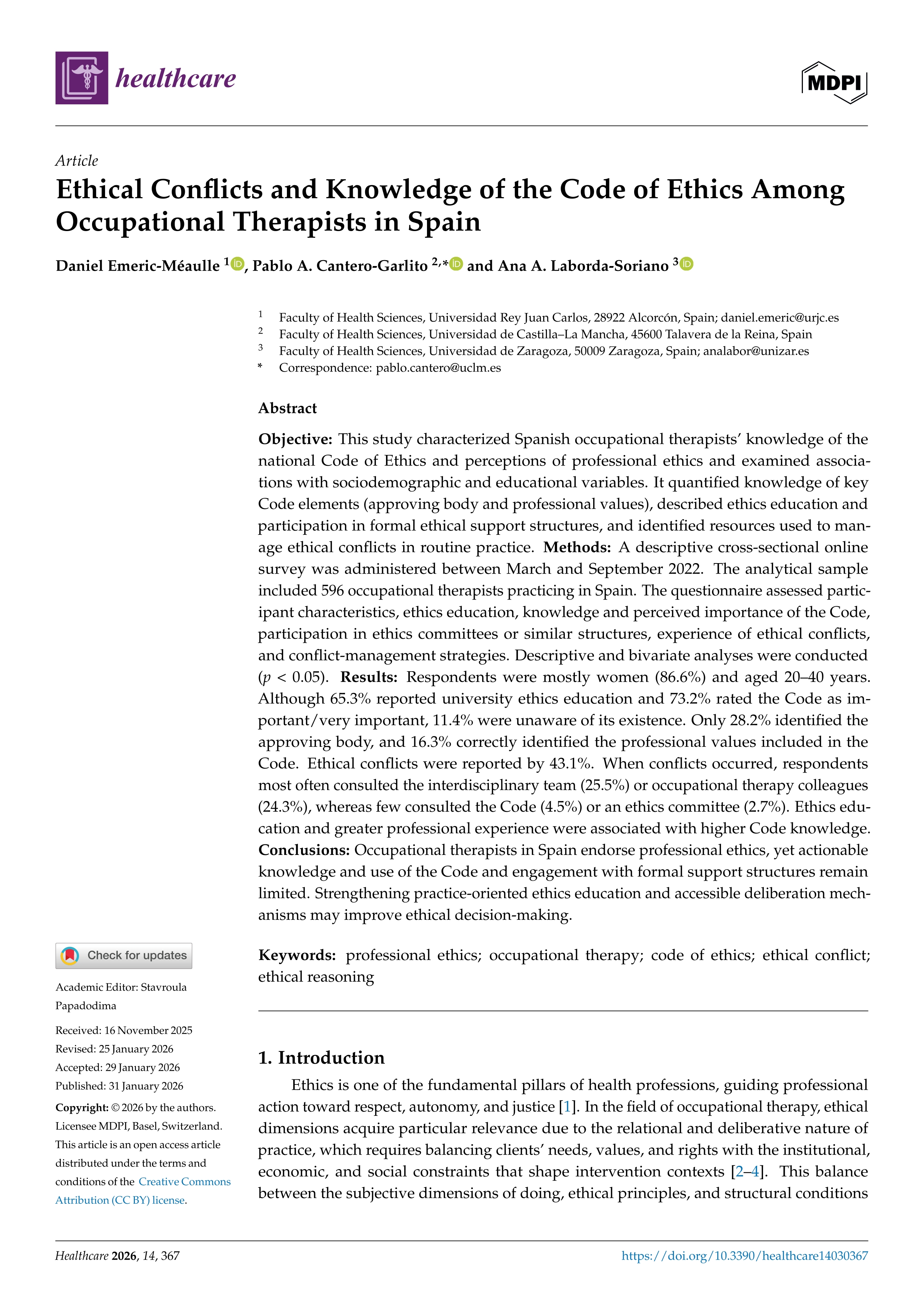 Ethical conflicts and knowledge of the code of ethics among occupational therapists in spain