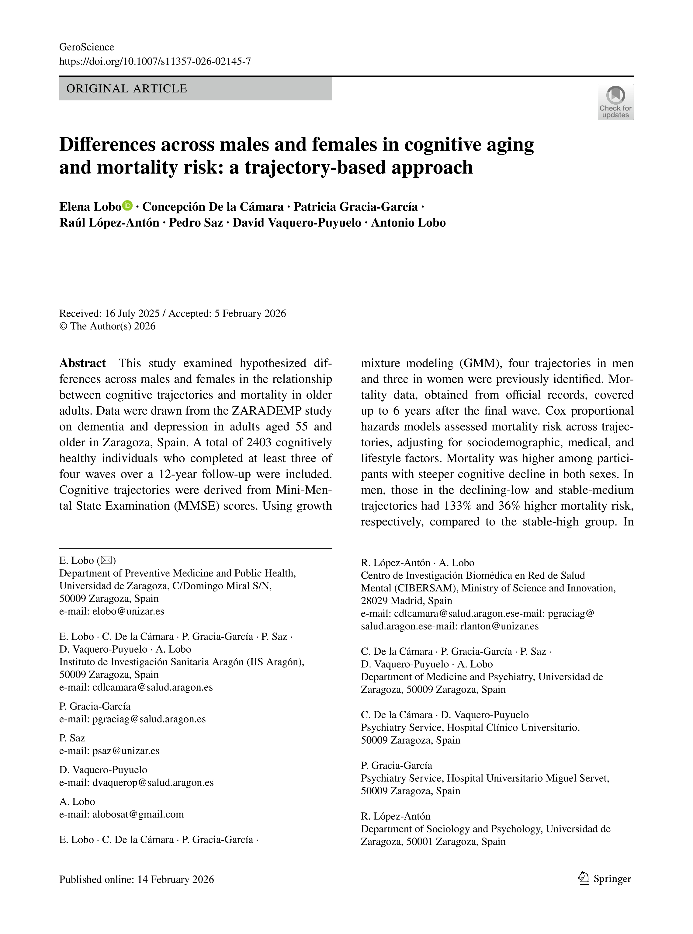 Differences across males and females in cognitive aging and mortality risk: a trajectory-based approach