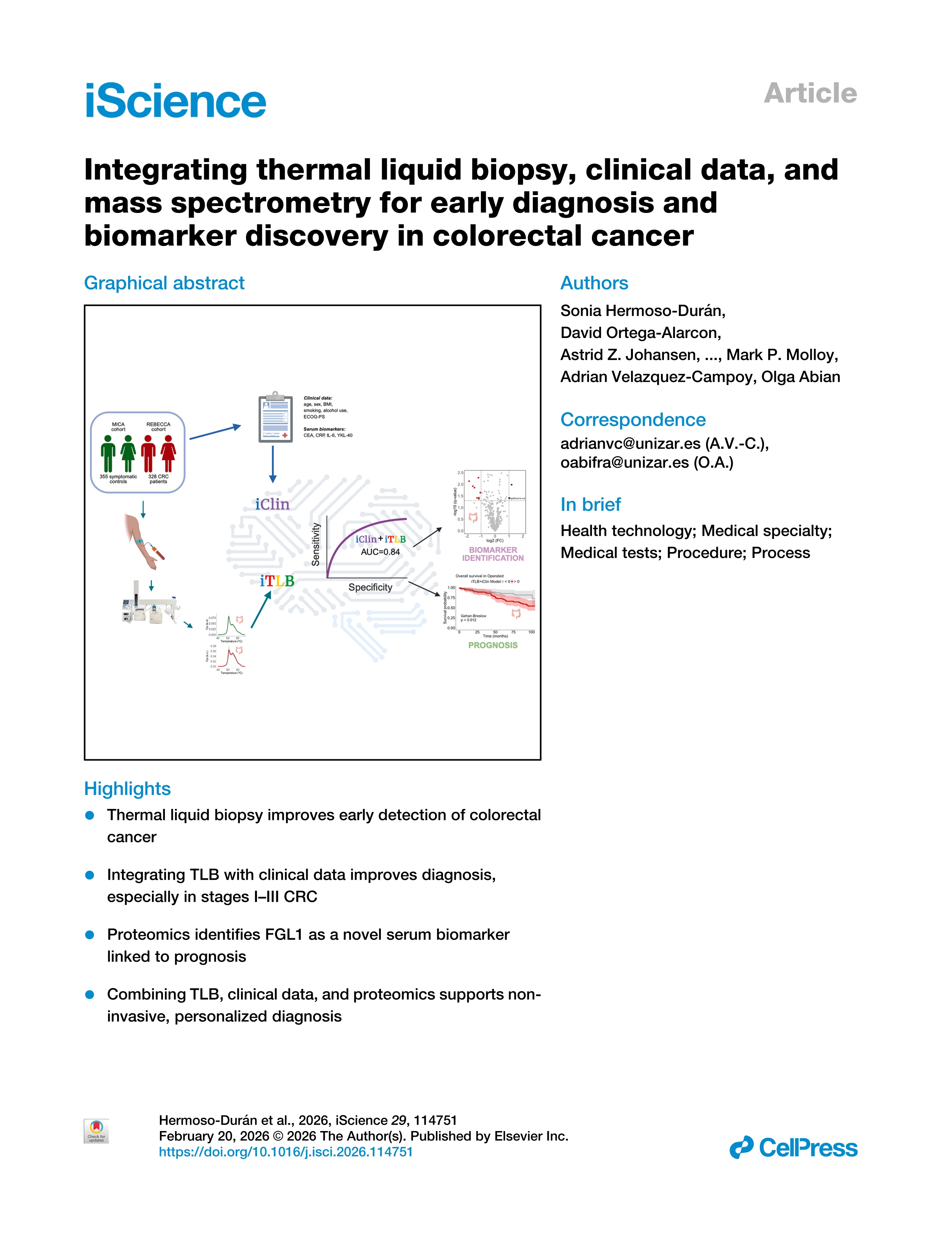 Integrating thermal liquid biopsy, clinical data, and mass spectrometry for early diagnosis and biomarker discovery in colorectal cancer