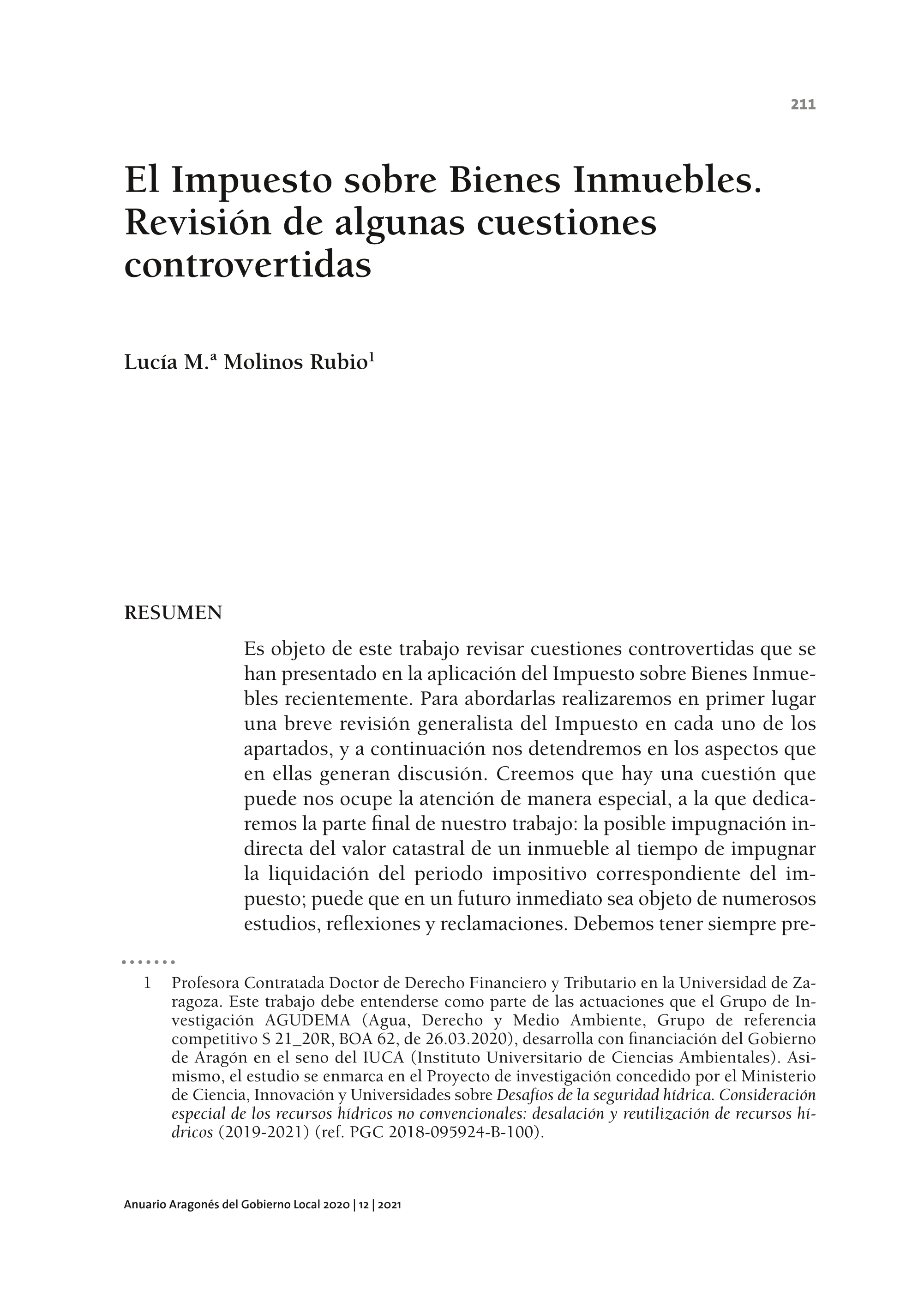 El Impuesto sobre Bienes Inmuebles. Revisión de algunas cuestiones controvertidas