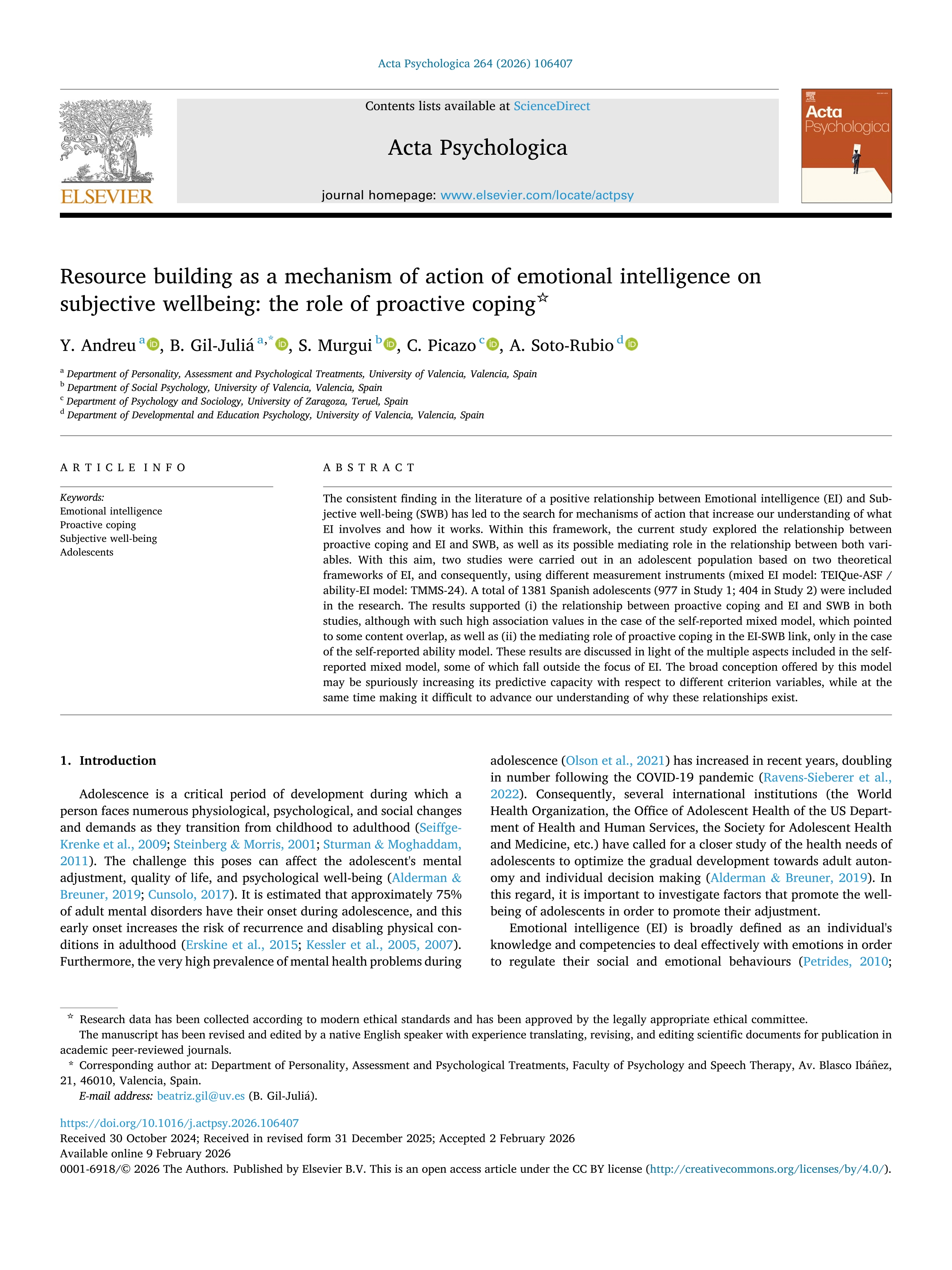 Resource building as a mechanism of action of emotional intelligence on subjective wellbeing: the role of proactive coping