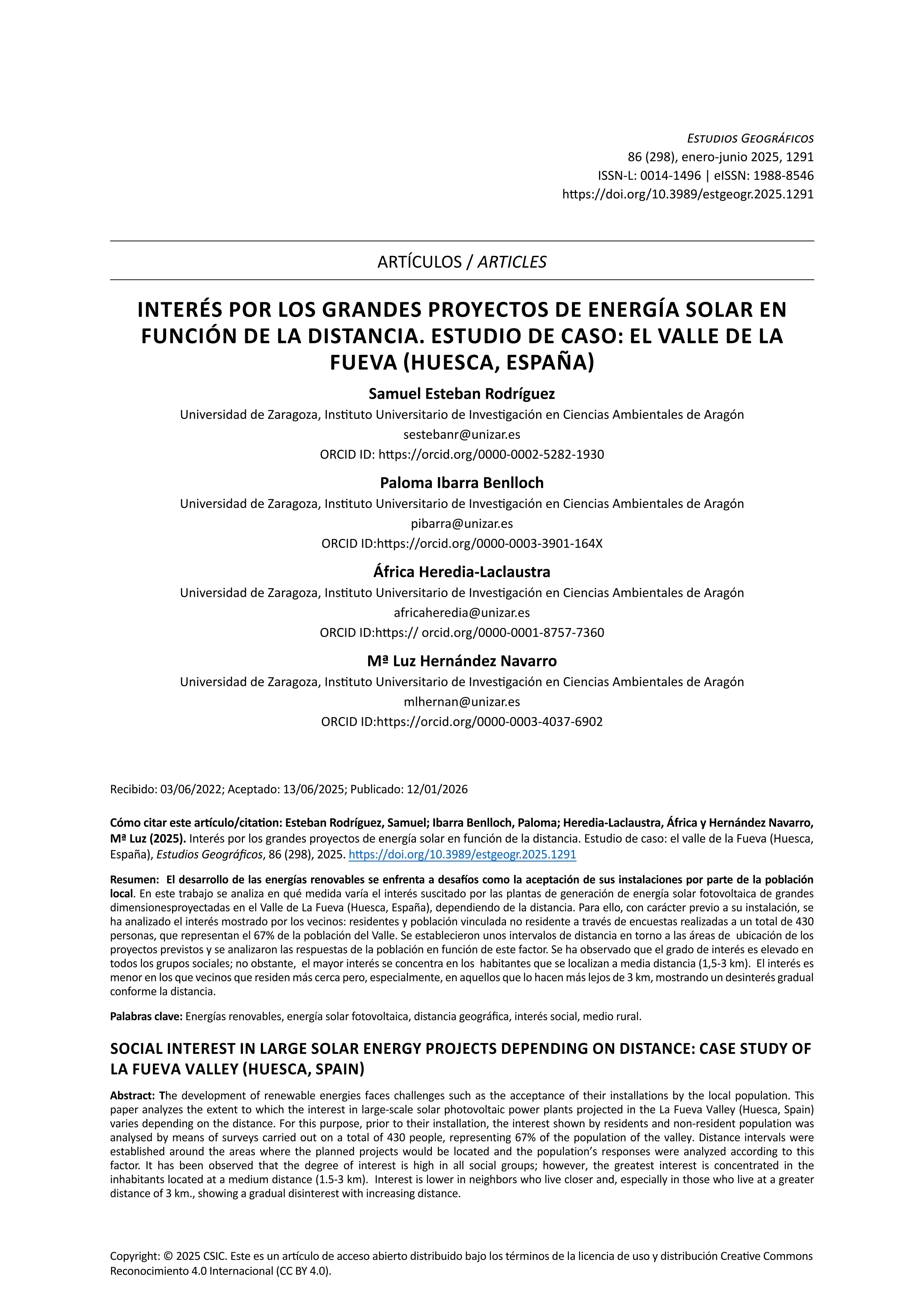 Interés por los grandes proyectos de energía solar en función de la distancia. Estudio de caso: el valle de la Fueva (Huesca, España)