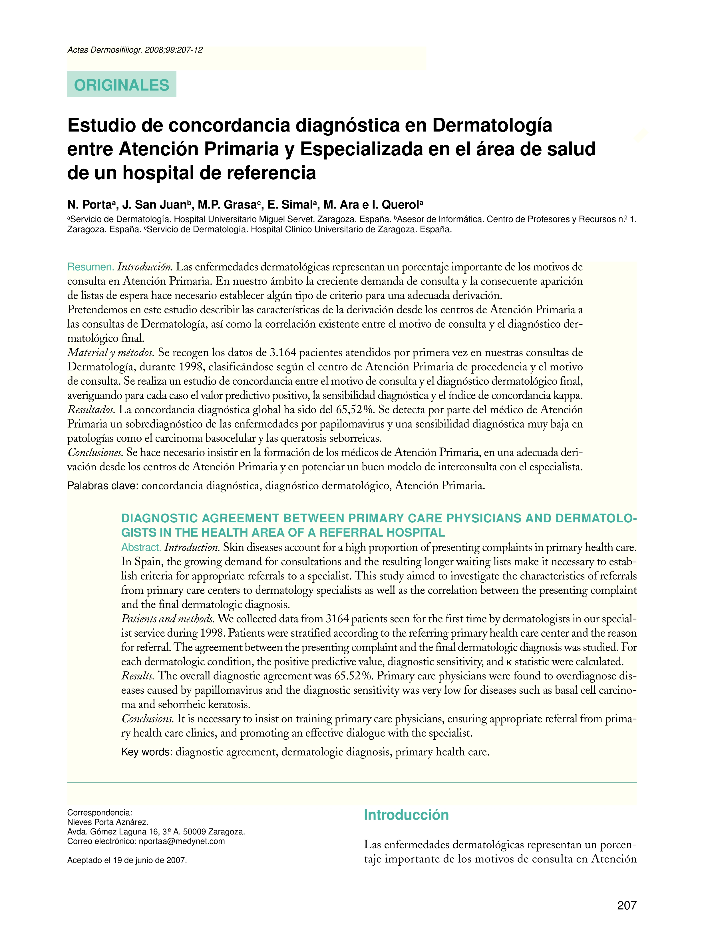 Estudio De Concordancia Diagnóstica En Dermatología Entre Atención Primaria y Especializada En El Ár