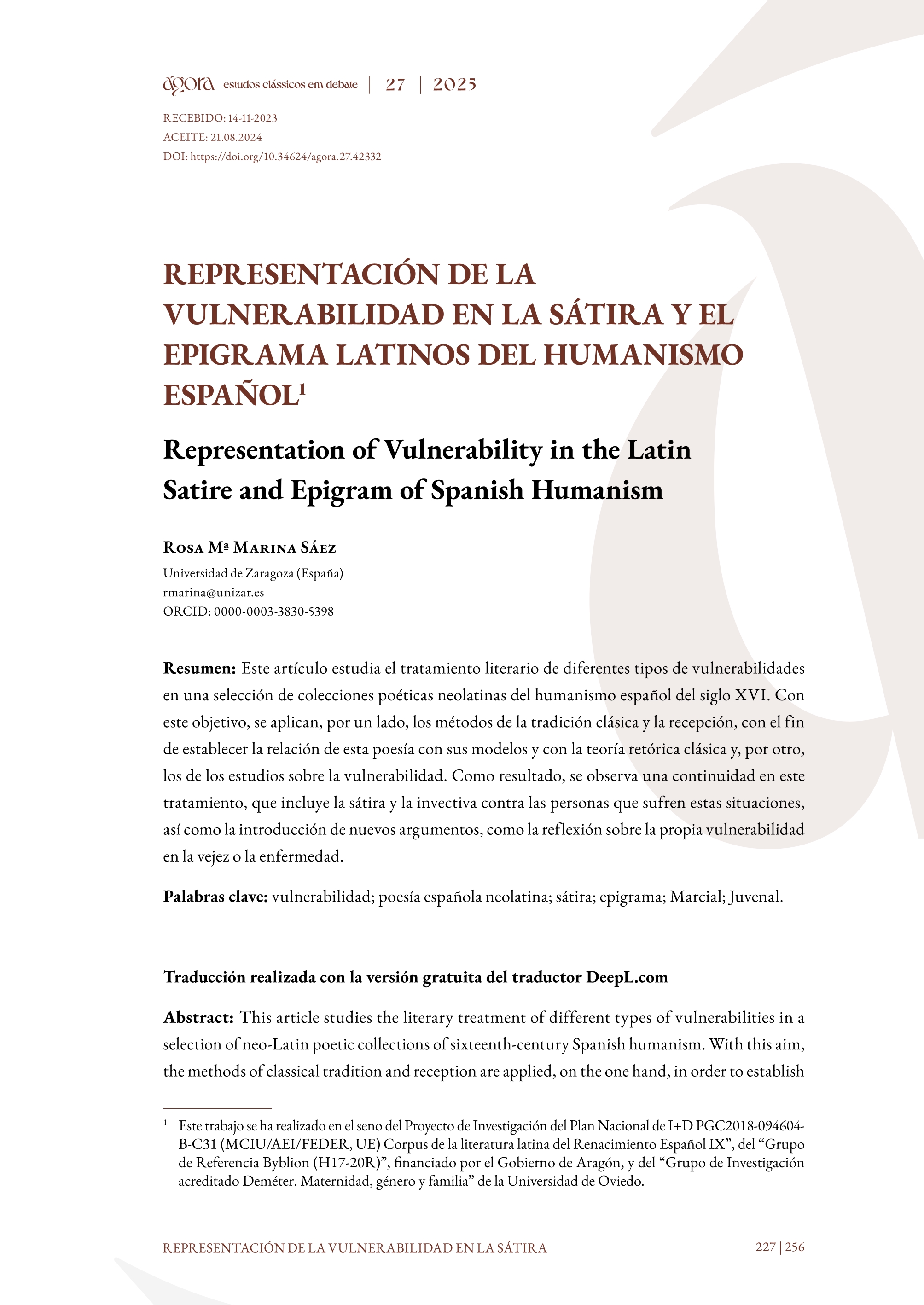 Representación de la vulnerabilidad en la sátira y el epigrama latinos del humanismo español