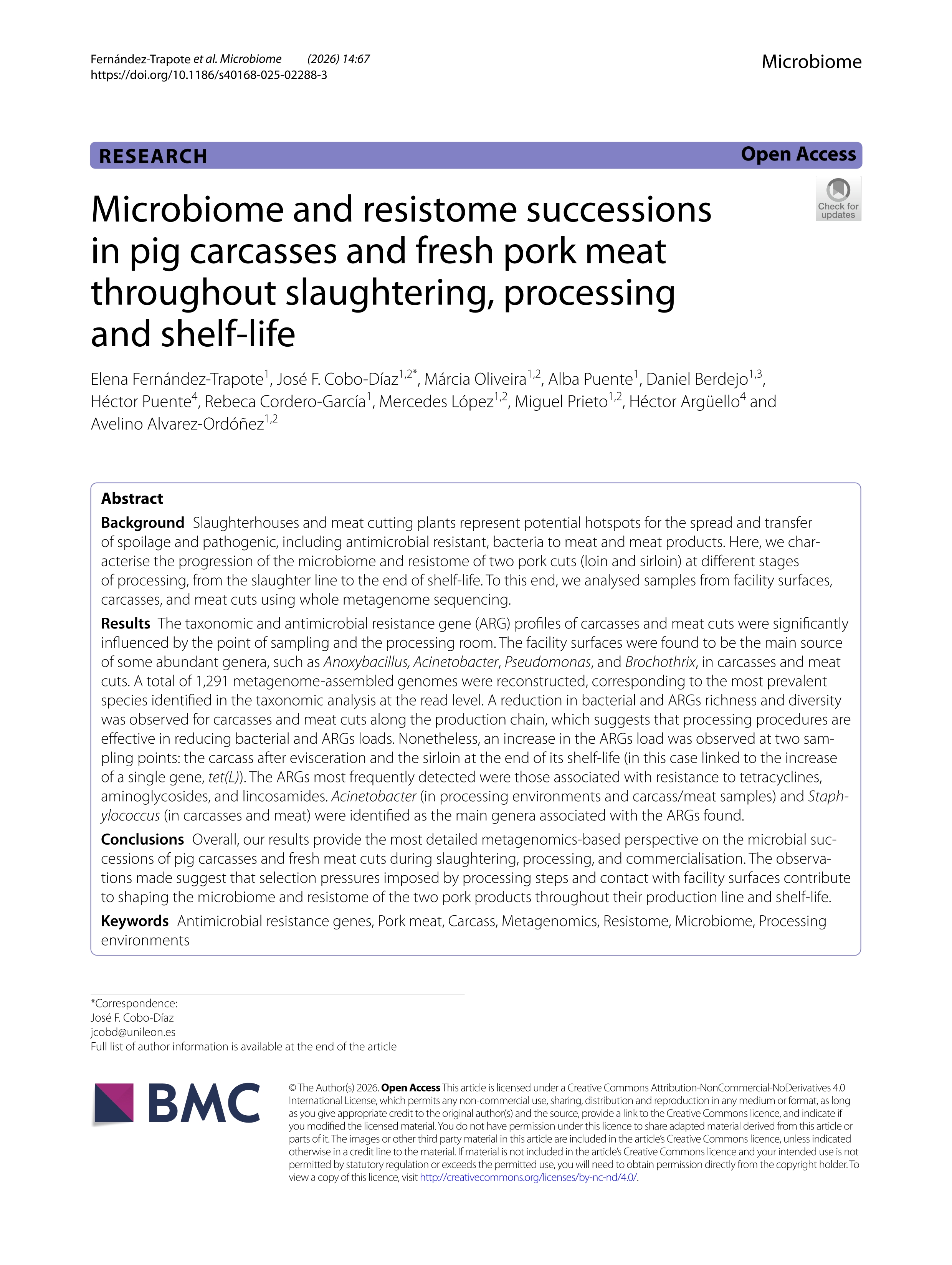 Microbiome and resistome successions in pig carcasses and fresh pork meat throughout slaughtering, processing and shelf-life