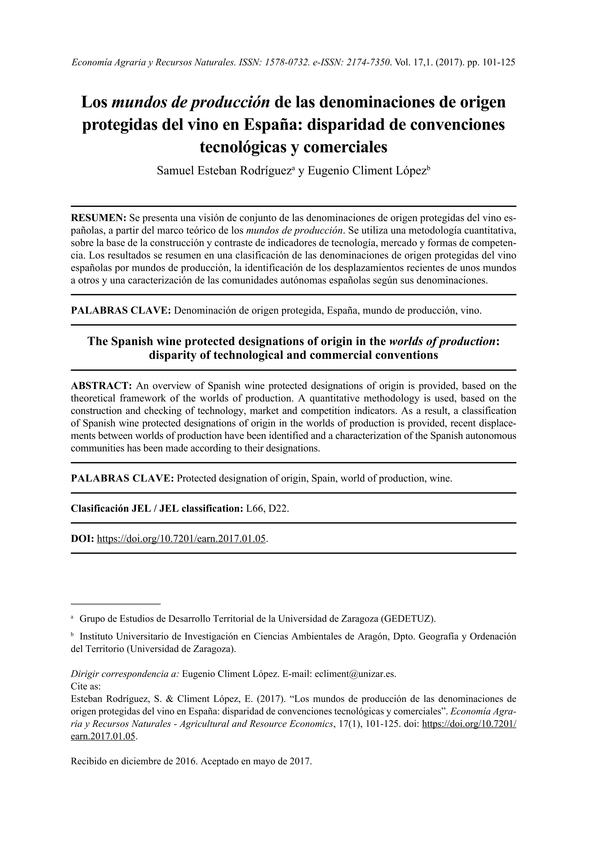 Los mundos de producción de las denominaciones de origen protegidas del vino en España: Disparidad de convenciones tecnológicas y comerciales